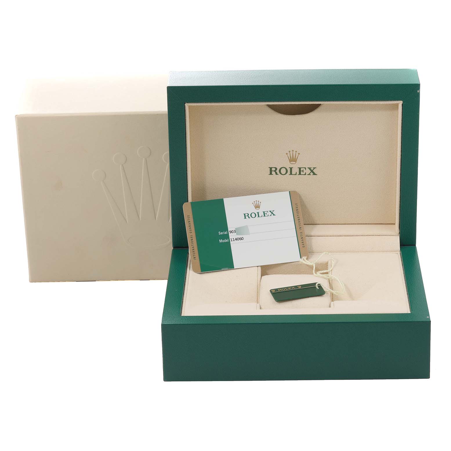 The image shows the packaging and accessories for a Rolex Submariner 114060 Men's Stainless Steel Black Dial 114060 Men's Stainless Steel Black Dial, including the box, tag, and authenticity card.