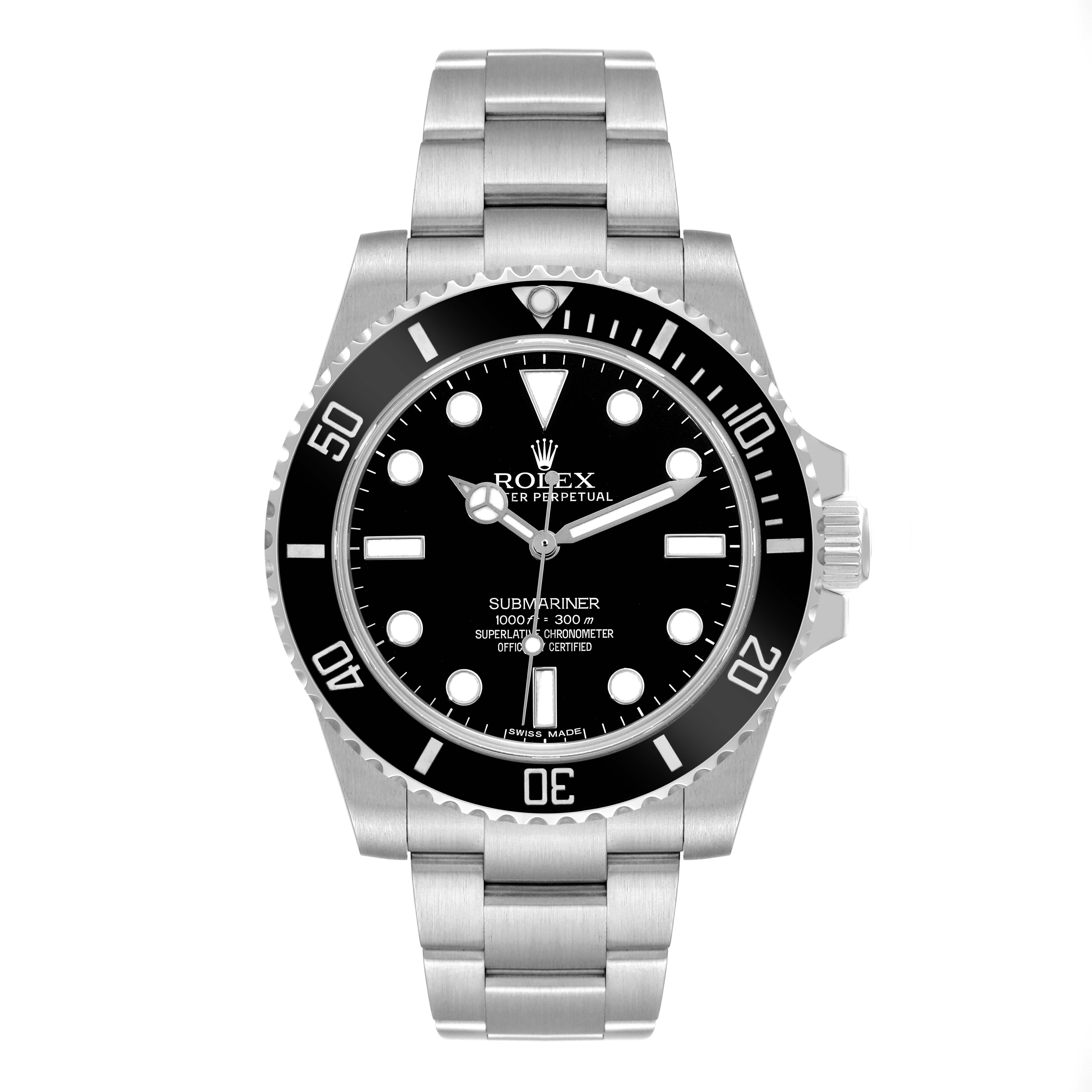 The image shows a front view of a Rolex Submariner 114060 Men's Stainless Steel Black Dial 114060 Men's Stainless Steel Black Dial watch, highlighting its black dial, stainless steel bracelet, and bezel.