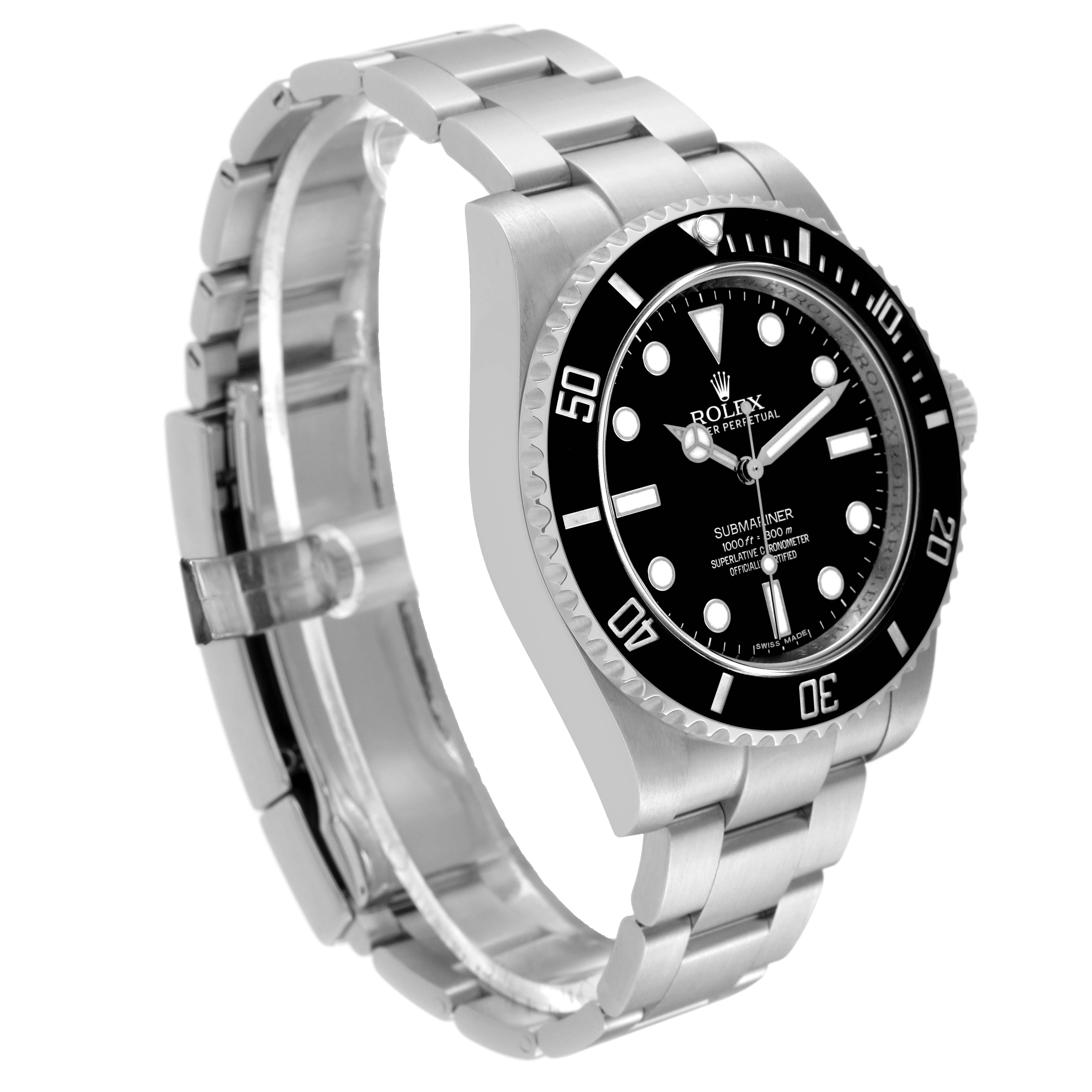 The image displays a side angle of the Rolex Submariner 114060 Men's Stainless Steel Black Dial 114060 Men's Stainless Steel Black Dial watch, clearly showing the bezel, dial, and metal bracelet.