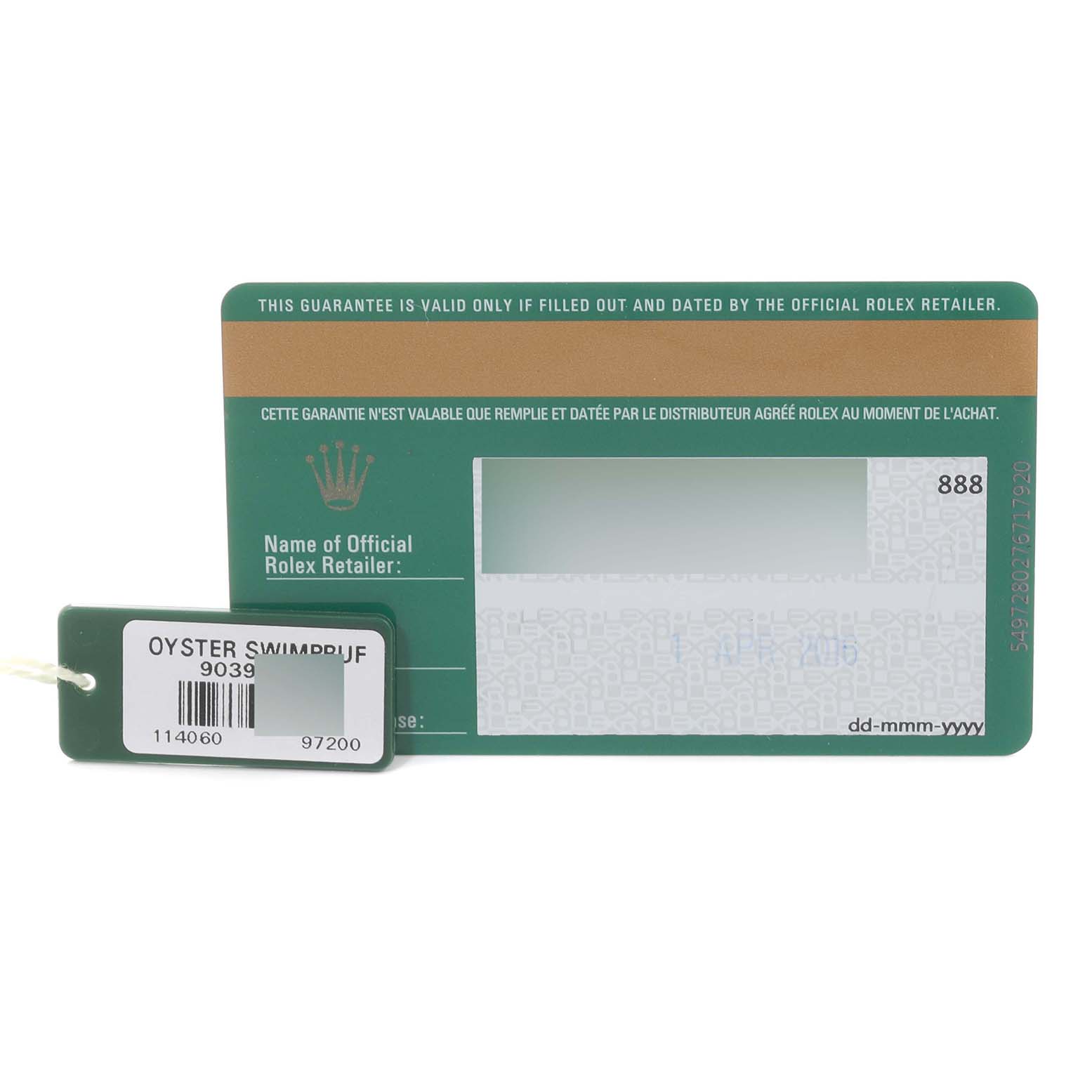 The image shows the guarantee card and hang tag for a Rolex Submariner 114060 Men's Stainless Steel Black Dial 114060 Men's Stainless Steel Black Dial watch.