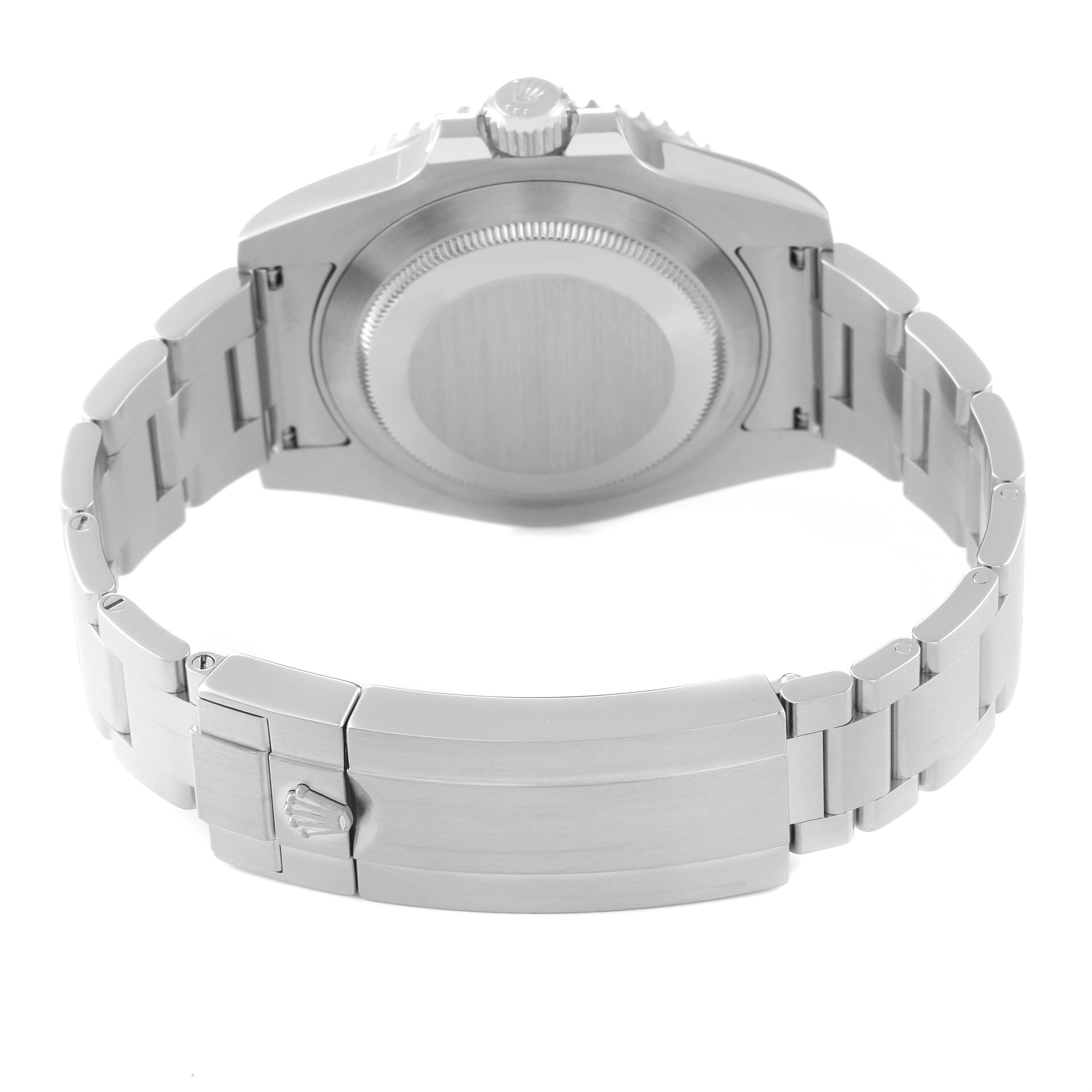 This image shows the back view of a Rolex Submariner 114060 Men's Stainless Steel Black Dial 114060 Men's Stainless Steel Black Dial watch, highlighting its case back and bracelet clasp.