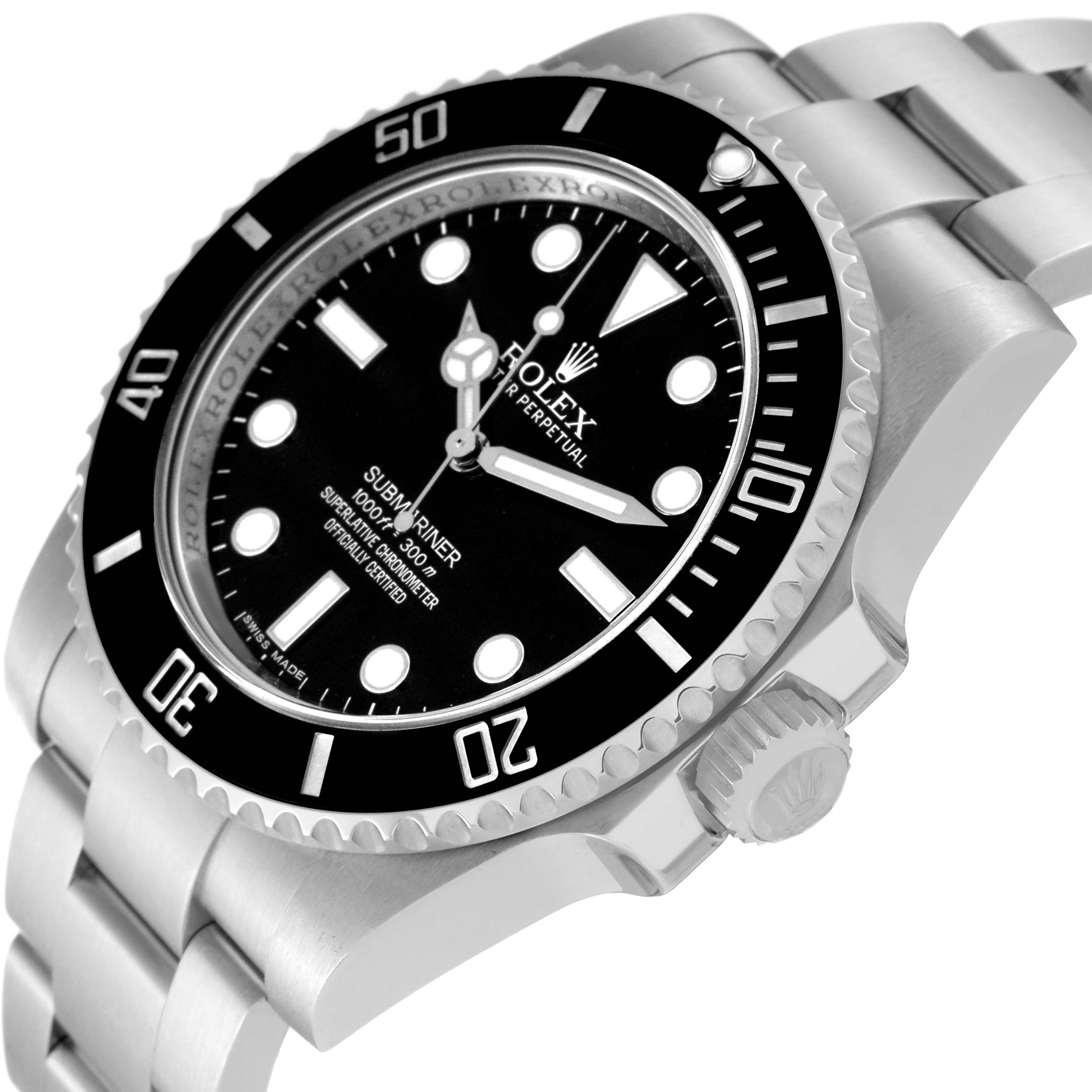 The image shows a close-up of the Rolex Submariner 114060 Men's Stainless Steel Black Dial 114060 Men's Stainless Steel Black Dial watch face, bezel, and part of the bracelet, viewed from an angled side perspective.