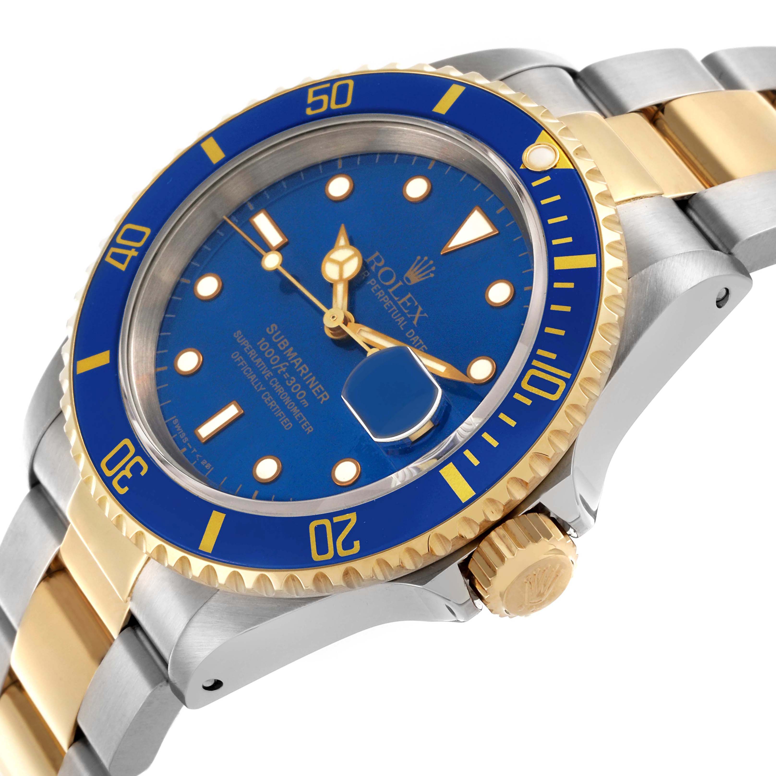 The Rolex Submariner 16613 Men's Steel and Gold (two tone) Blue Dial 16613 Men's Steel and Gold (two tone) Blue Dial is shown at a slight angle, highlighting the blue dial, bezel, and parts of the gold and silver bracelet.