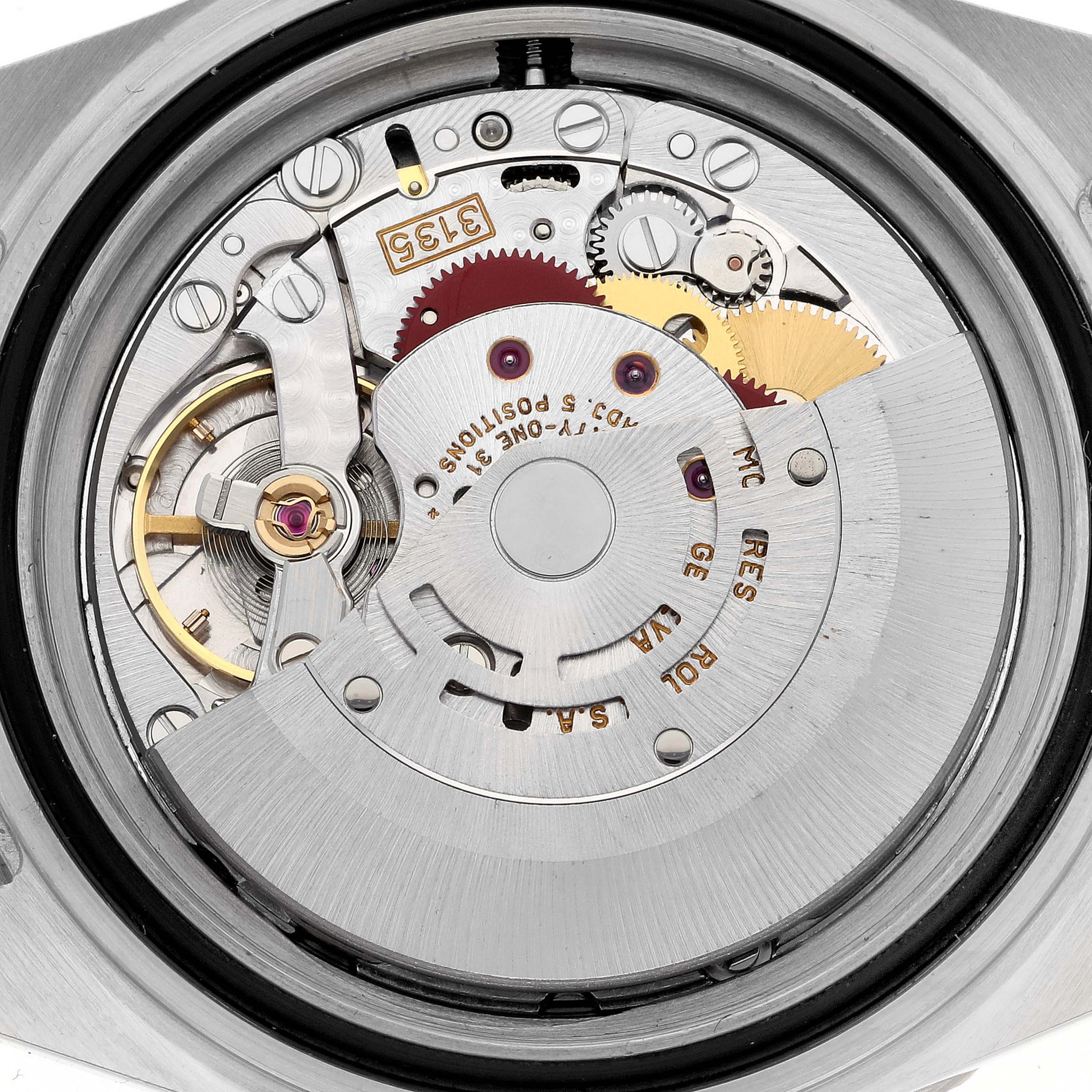 The image shows the intricate movement and internal parts of the Rolex Submariner 16613 Men's Steel and Gold (two tone) Blue Dial 16613 Men's Steel and Gold (two tone) Blue Dial from a back view angle.