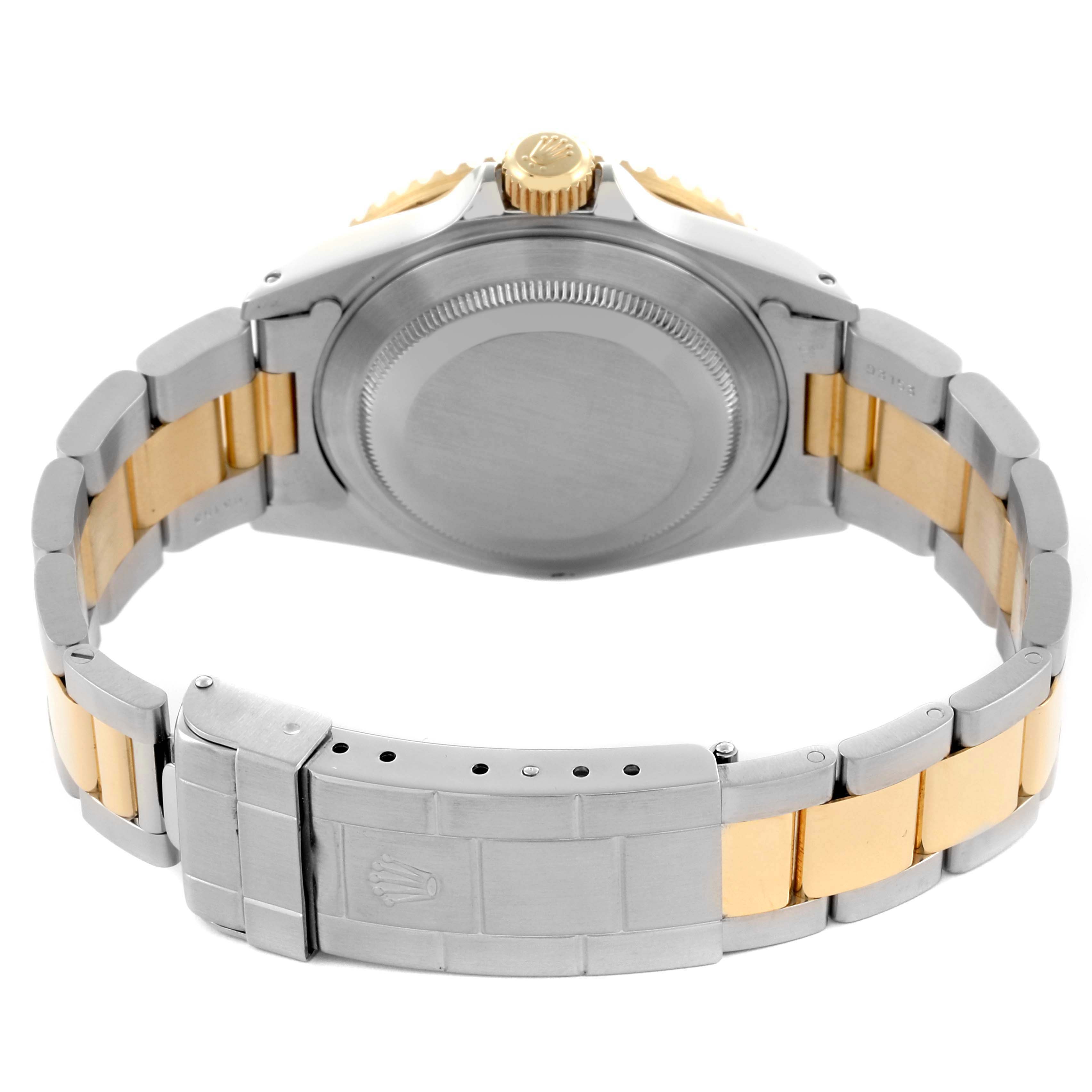 The image shows the back case and bracelet of a Rolex Submariner 16613 Men's Steel and Gold (two tone) Blue Dial 16613 Men's Steel and Gold (two tone) Blue Dial, viewed from behind at a slight angle.