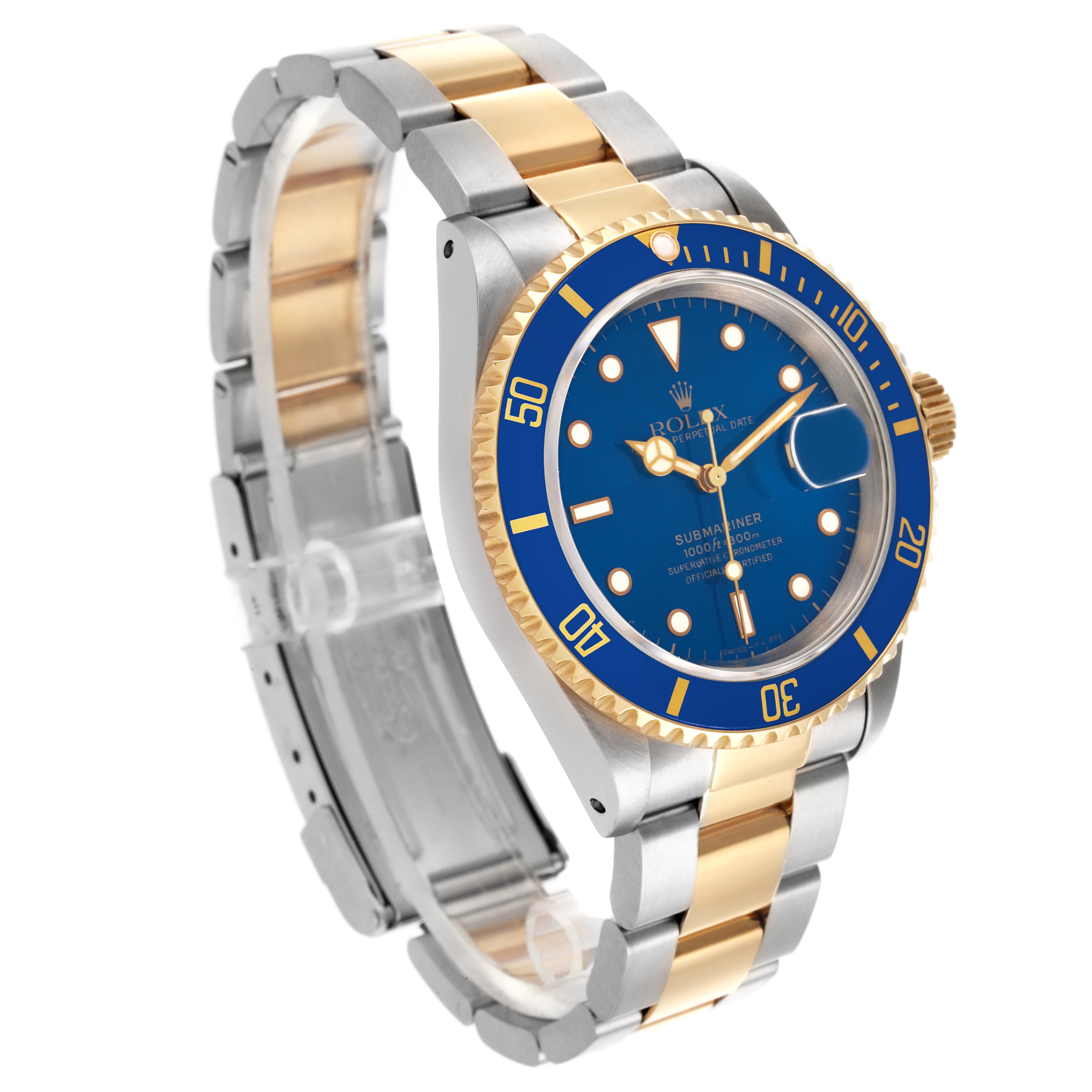 The watch is a Rolex Submariner 16613 Men's Steel and Gold (two tone) Blue Dial 16613 Men's Steel and Gold (two tone) Blue Dial, shown at an angle displaying the face, bezel, crown, and part of the bracelet.