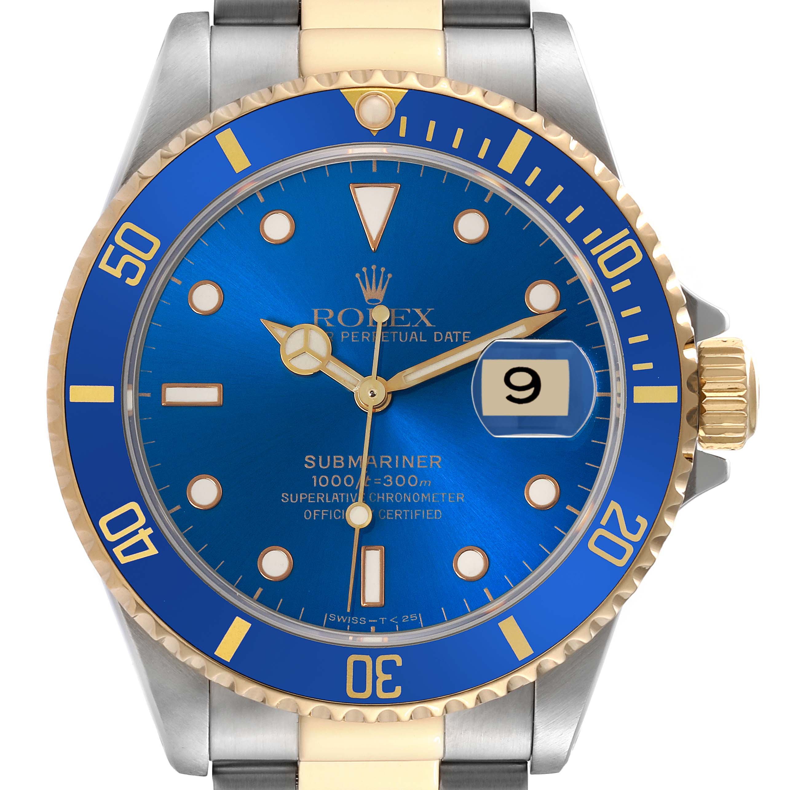 The Rolex Submariner 16613 Men's Steel and Gold (two tone) Blue Dial 16613 Men's Steel and Gold (two tone) Blue Dial watch is shown from the front, displaying its blue dial, bezel, and magnified date window.