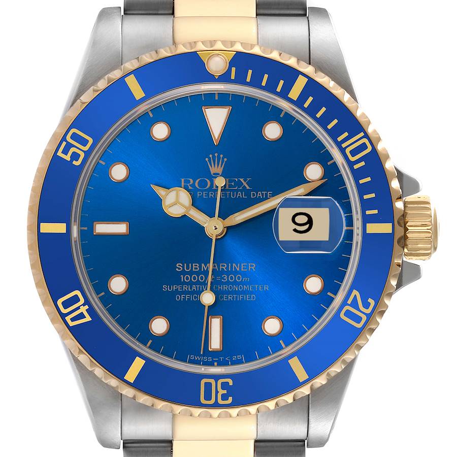 The Rolex Submariner watch is shown from the front, displaying its blue dial, bezel, and magnified date window.