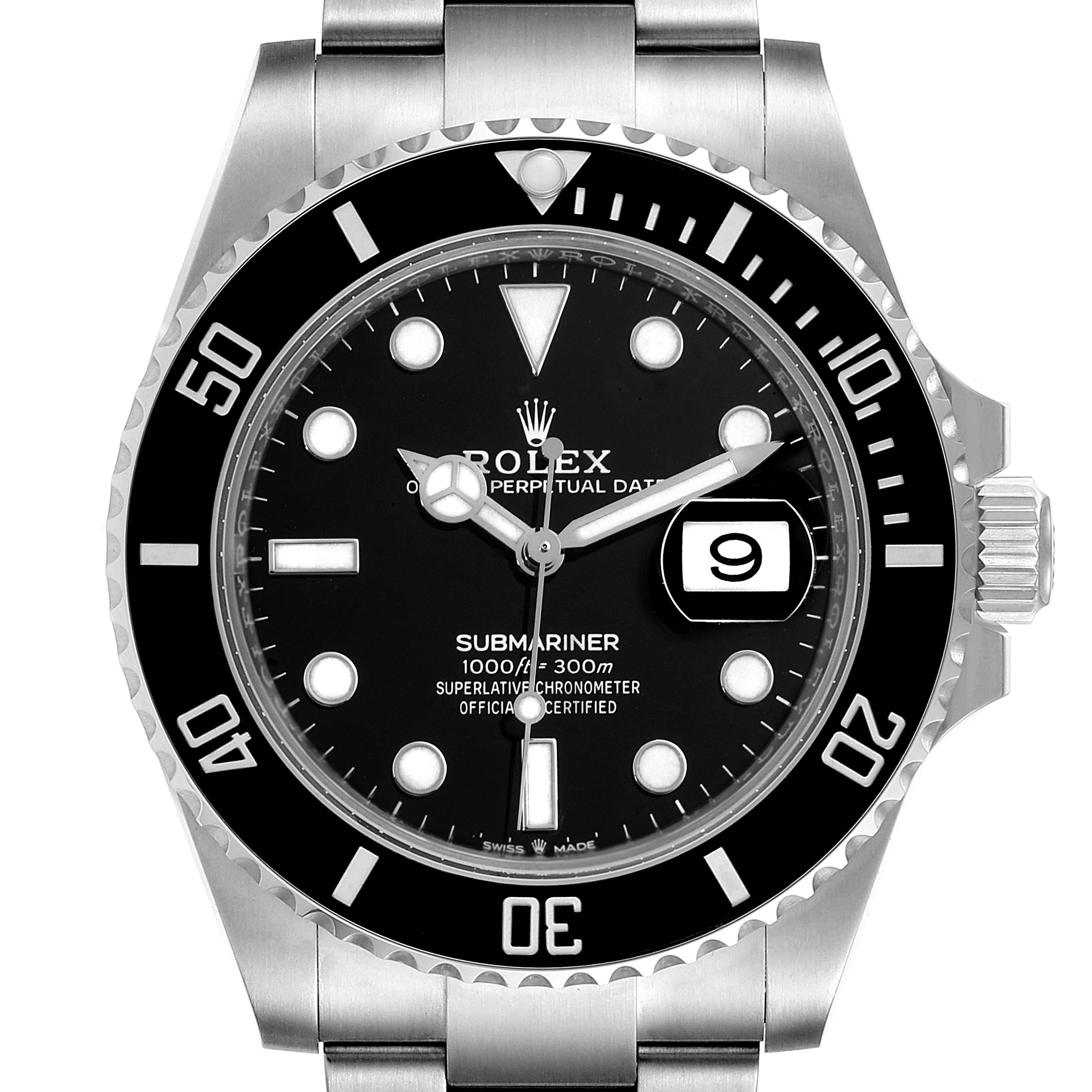 This image shows a front view of a Rolex Submariner 126610 Men
s Stainless Steel Black Dial 126610 Men
s Stainless Steel Black Dial watch, highlighting the dial, bezel, and date window.