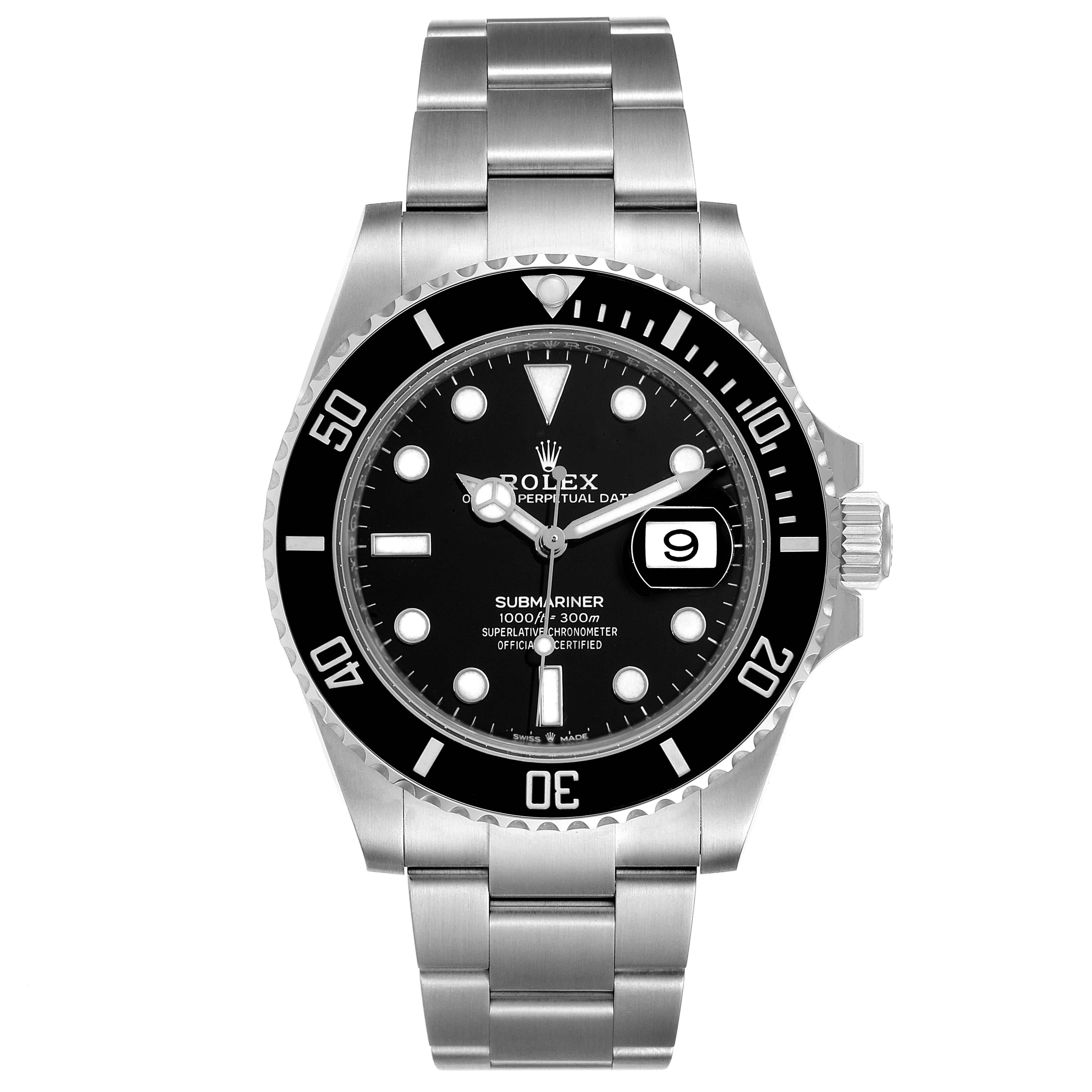 The image shows a front view of the Rolex Submariner 126610 Men
s Stainless Steel Black Dial 126610 Men
s Stainless Steel Black Dial watch, displaying its dial, bezel, bracelet, and date window.