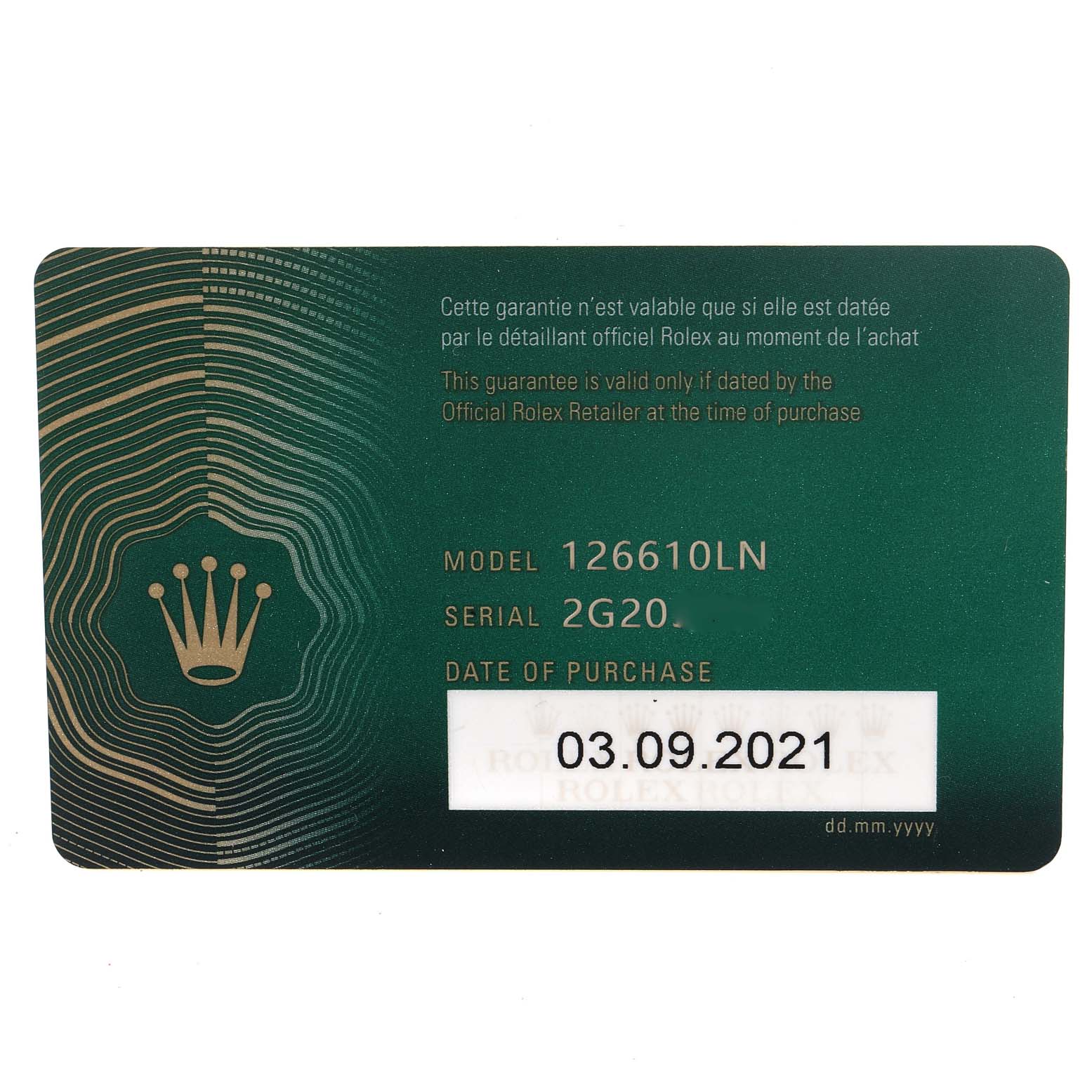 The image shows a Rolex guarantee card, detailing the Submariner model 126610LN
s serial number and purchase date.
