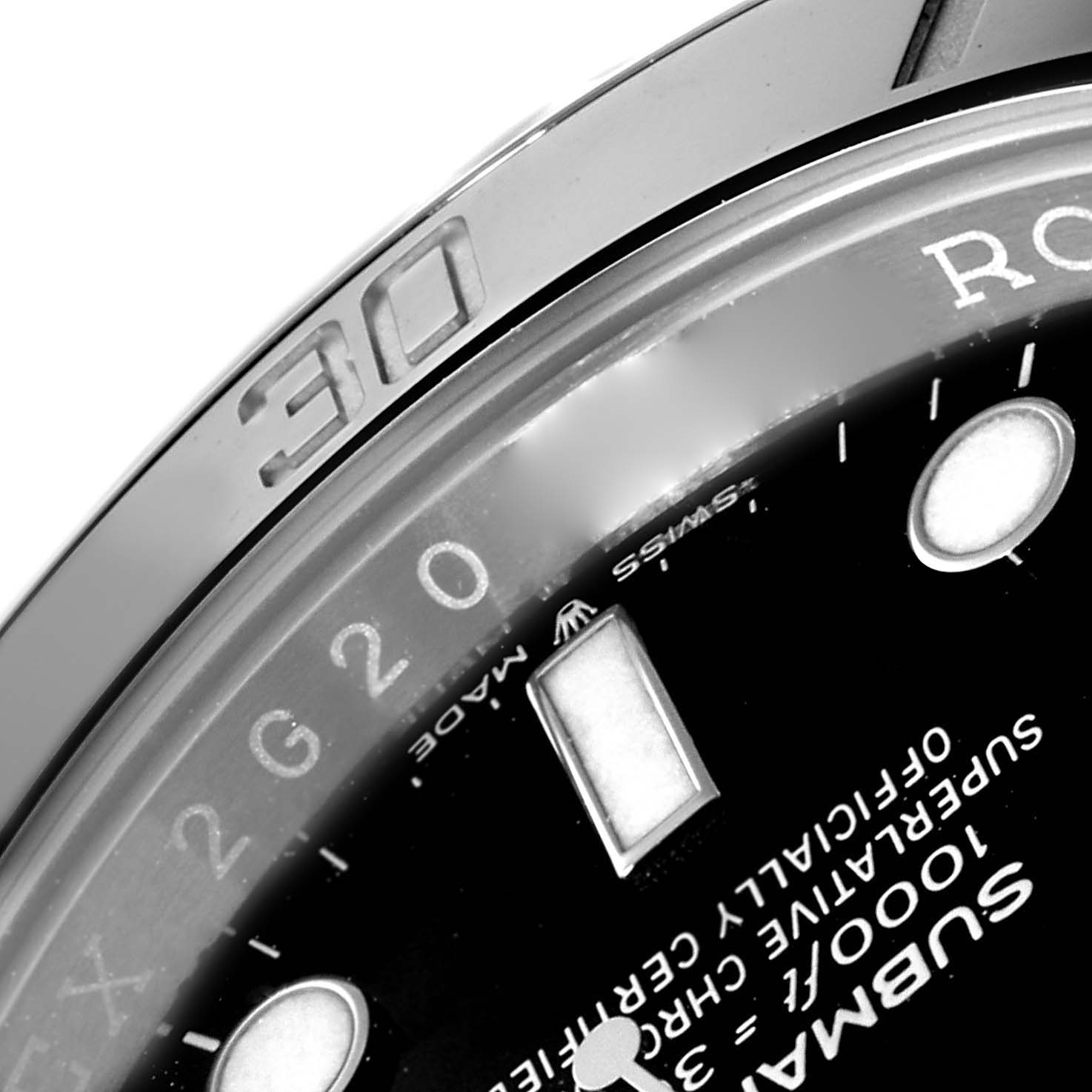 The image shows a close-up of the dial and bezel of a Rolex Submariner 126610 Men
s Stainless Steel Black Dial 126610 Men
s Stainless Steel Black Dial watch, specifically focusing on the 30-minute mark and text.