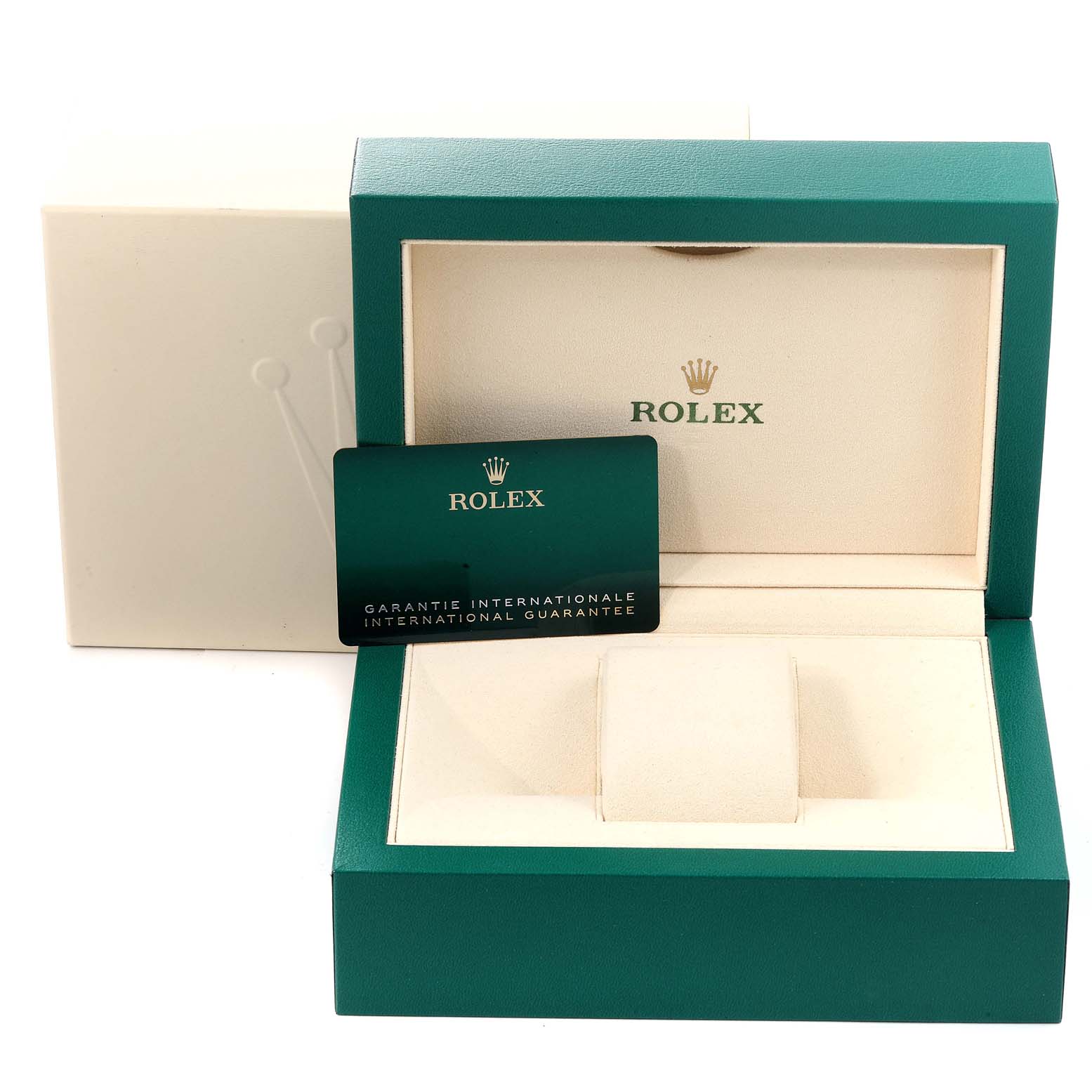 The image shows a Rolex Submariner 126610 Men
s Stainless Steel Black Dial 126610 Men
s Stainless Steel Black Dial watch box, an international guarantee card, and an outer packaging box at a front angle.