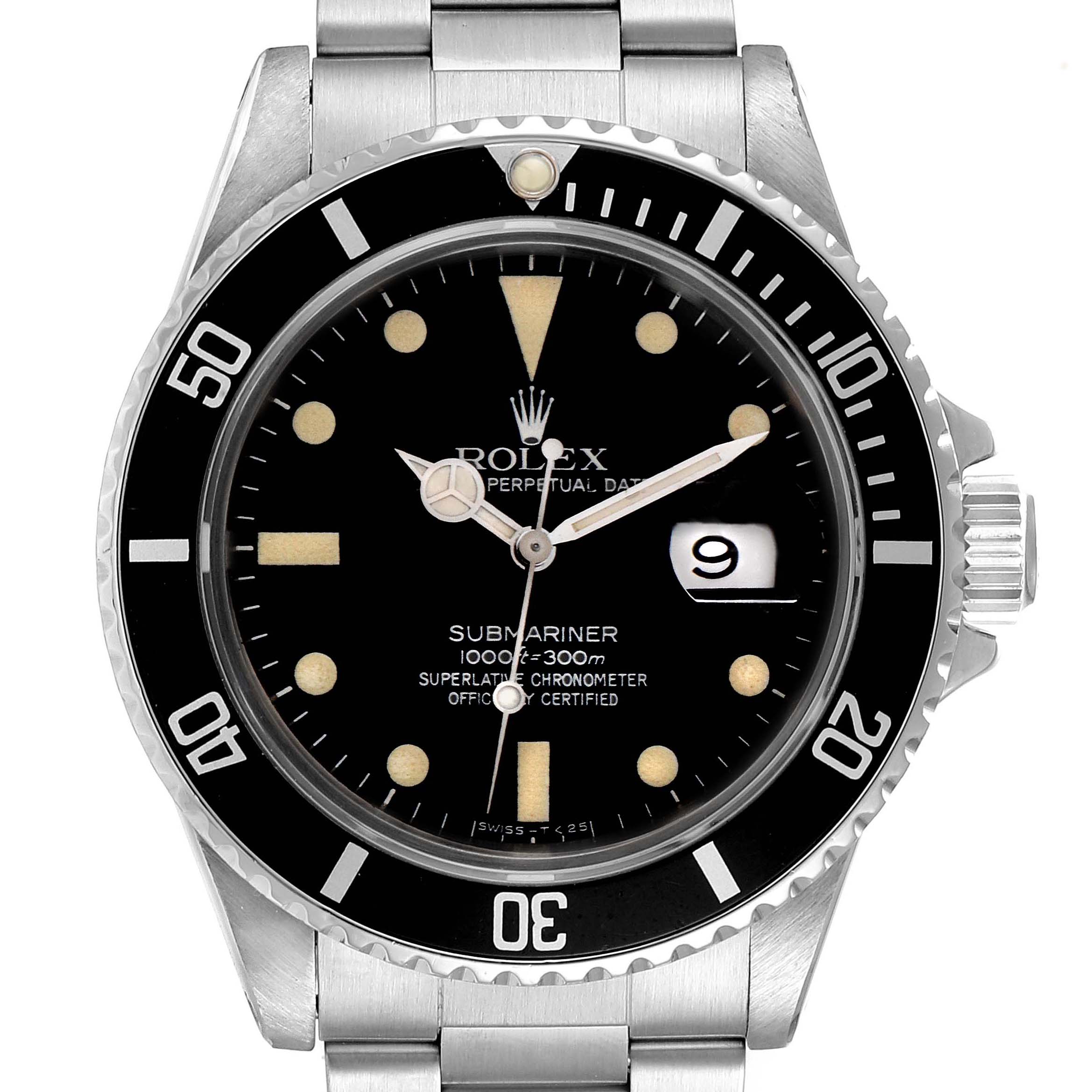 The image shows a front view of a Rolex Vintage Collection 16800 Men's Stainless Steel Black Dial 16800 Men's Stainless Steel Black Dial Submariner watch displaying the dial, bezel, and bracelet.