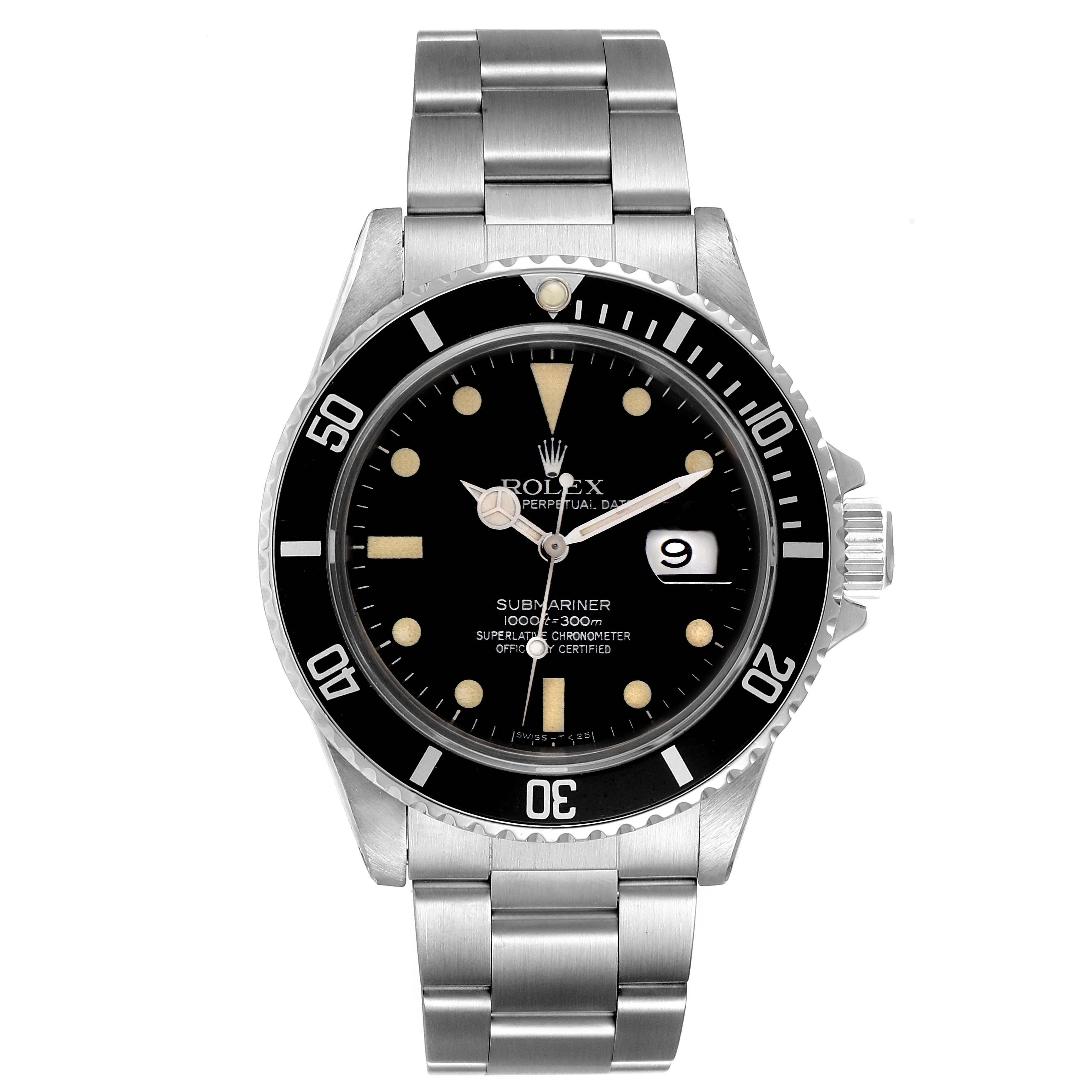 The image shows a front view of the Rolex Vintage Collection 16800 Men's Stainless Steel Black Dial 16800 Men's Stainless Steel Black Dial Submariner watch, detailing the dial, bezel, and bracelet.