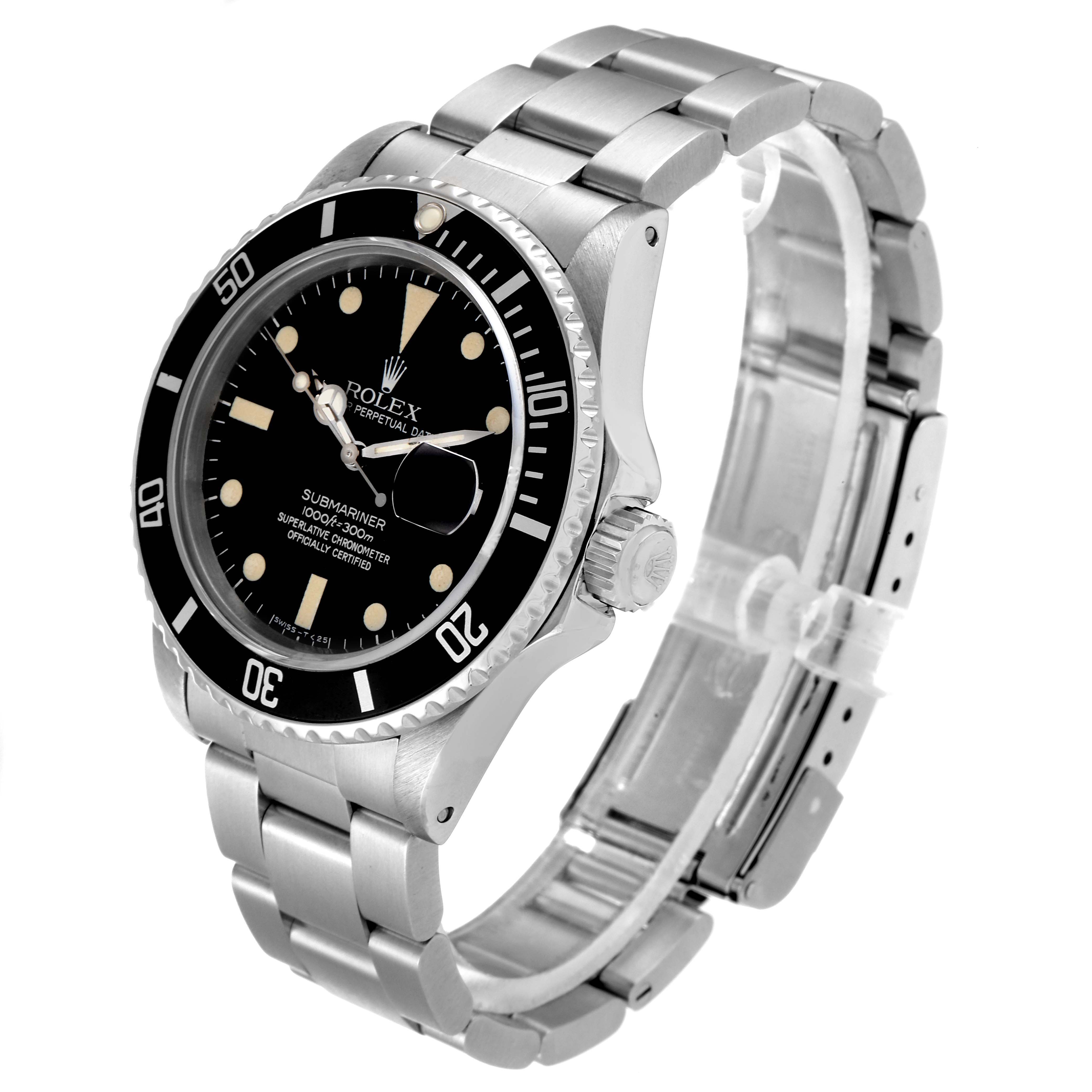 This image shows a side view of the Rolex Vintage Collection 16800 Men's Stainless Steel Black Dial 16800 Men's Stainless Steel Black Dial Submariner, highlighting the case, bezel, and bracelet.