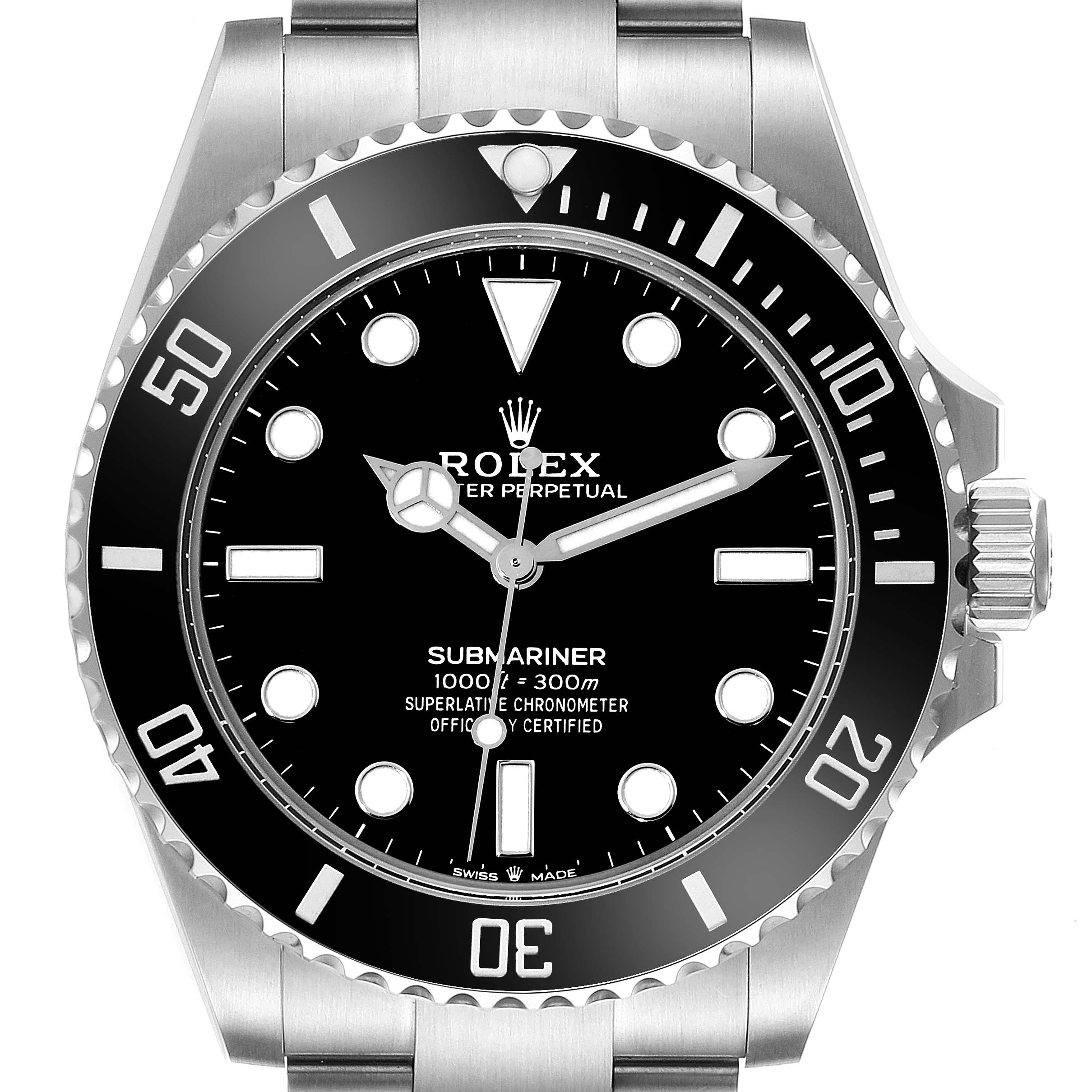 This image shows a front view of the Rolex Submariner 124060 Men
s Stainless Steel Black Dial 124060 Men
s Stainless Steel Black Dial watch, highlighting the dial, bezel, and crown.