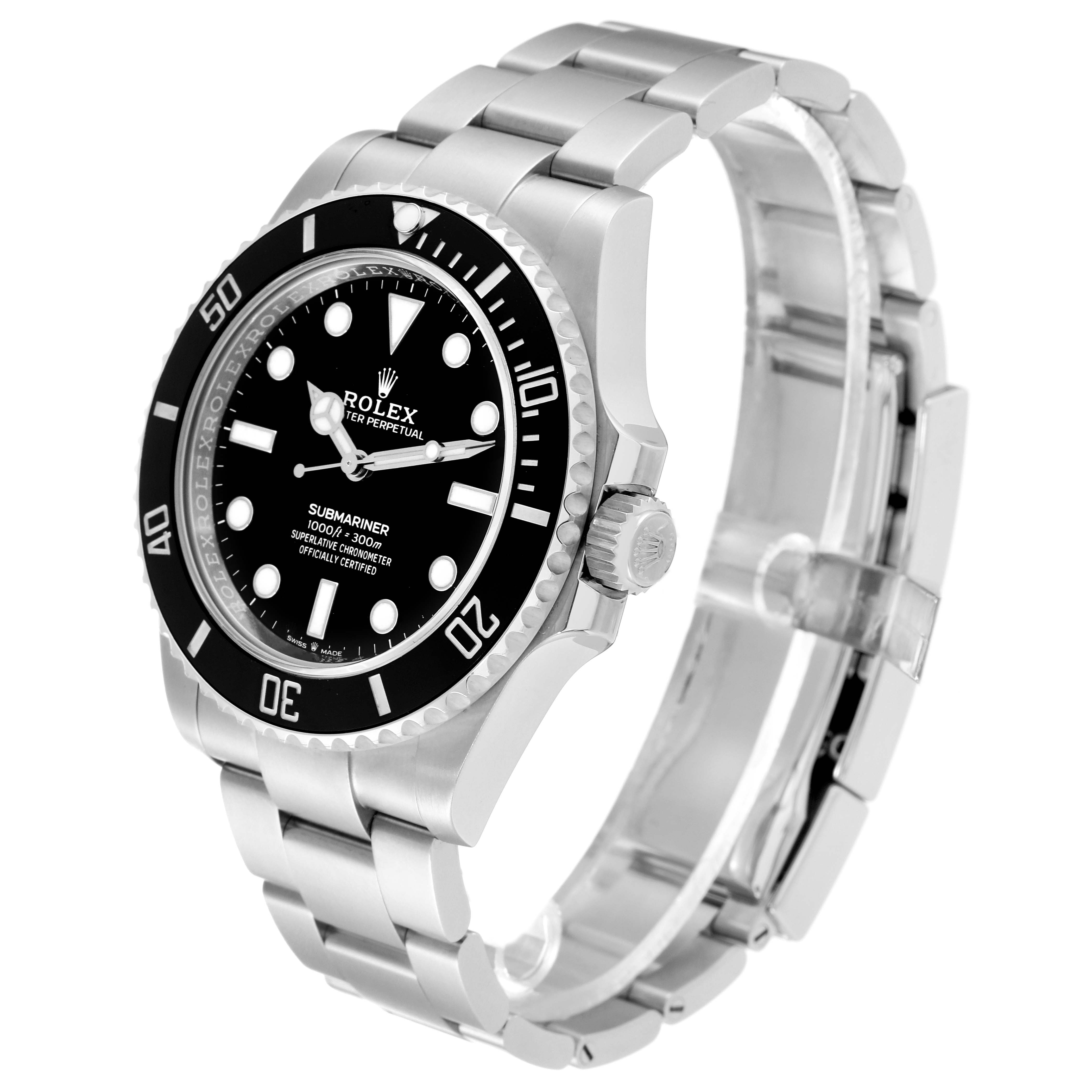 This image shows a Rolex Submariner 124060 Men
s Stainless Steel Black Dial 124060 Men
s Stainless Steel Black Dial watch from a right-side angle, displaying the dial, bezel, crown, and bracelet.