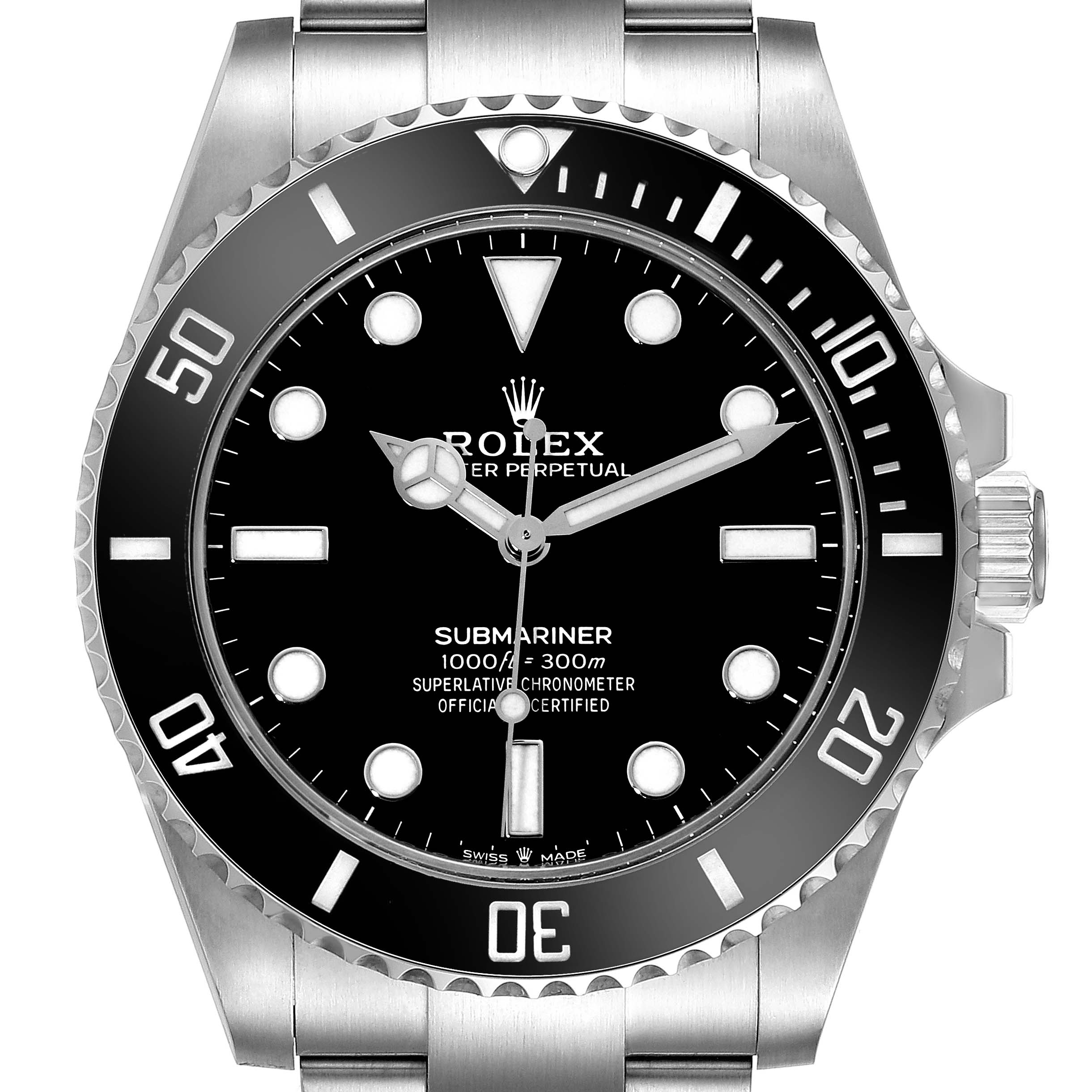 The image shows a front view of the Rolex Submariner 124060 Men
s Stainless Steel Black Dial 124060 Men
s Stainless Steel Black Dial watch
s face, bezel, and part of the bracelet.