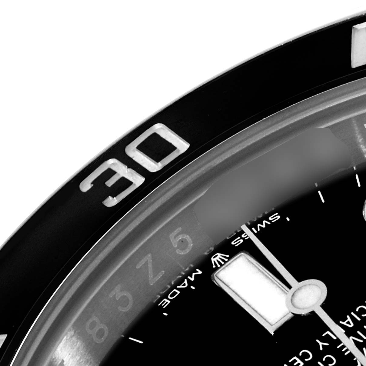 The image shows a close-up angle of the bezel and part of the dial of a Rolex Submariner 124060 Men
s Stainless Steel Black Dial 124060 Men
s Stainless Steel Black Dial watch.