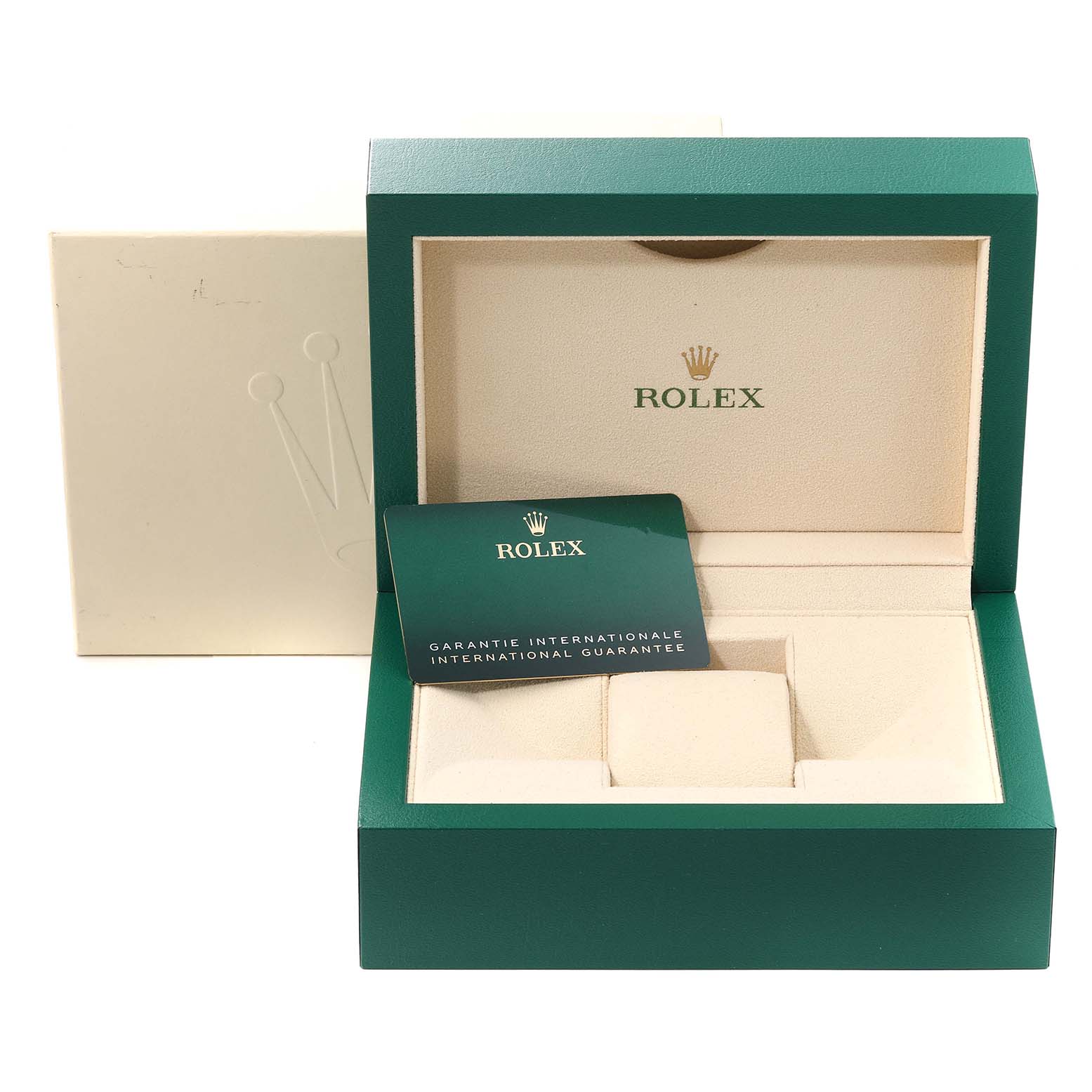 The image shows the luxury box and guarantee card for a Rolex Submariner 124060 Men
s Stainless Steel Black Dial 124060 Men
s Stainless Steel Black Dial watch.