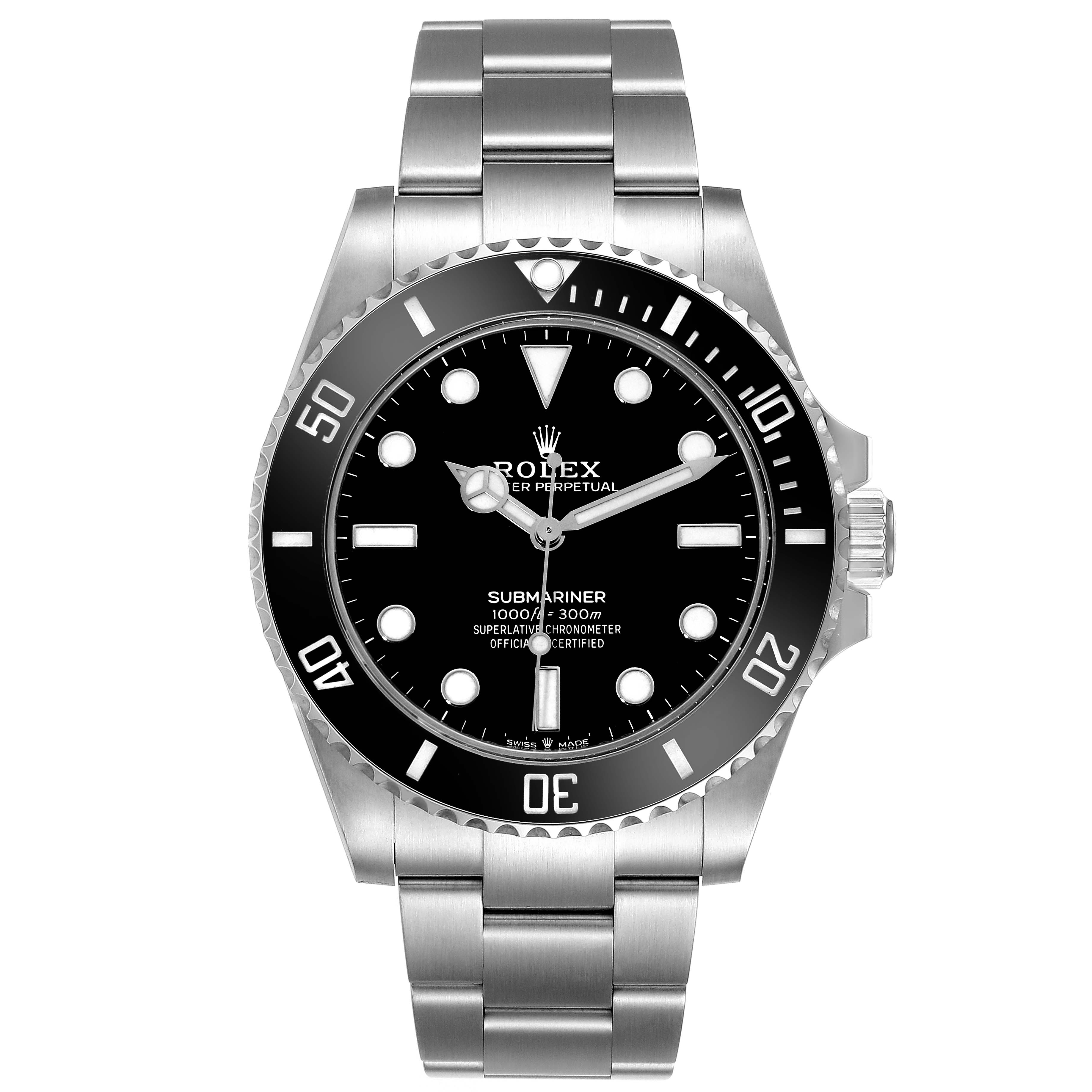 The Rolex Submariner 124060 Men
s Stainless Steel Black Dial 124060 Men
s Stainless Steel Black Dial watch is shown from a front angle, displaying the dial, bezel, and bracelet.