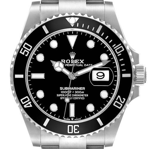 The Rolex Submariner 126610 Men's Stainless Steel Black Dial watch is shown from a front angle, highlighting its dial, bezel, and date window.