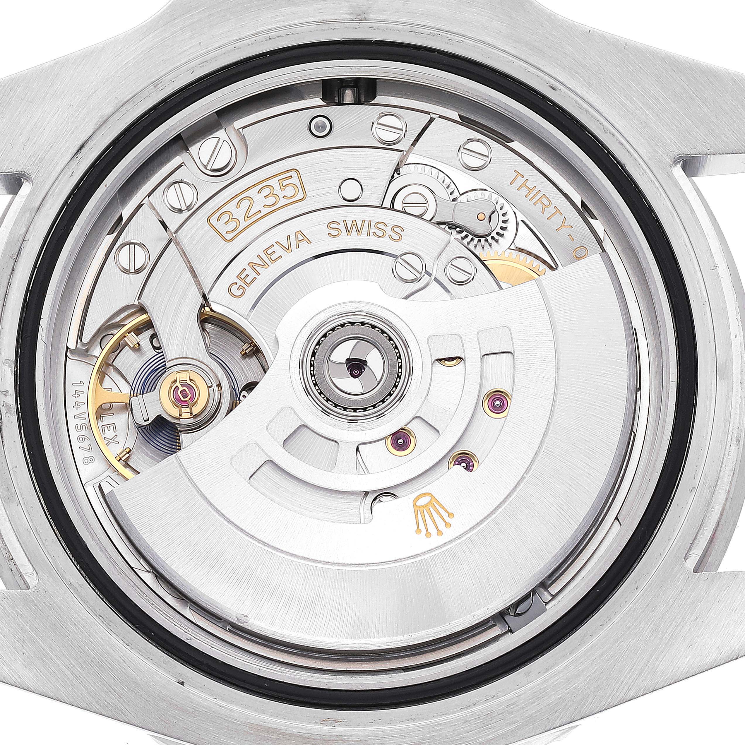 The image shows the open case back of a Rolex Submariner 126610 Men's Stainless Steel Black Dial, highlighting the movement and rotor mechanism.