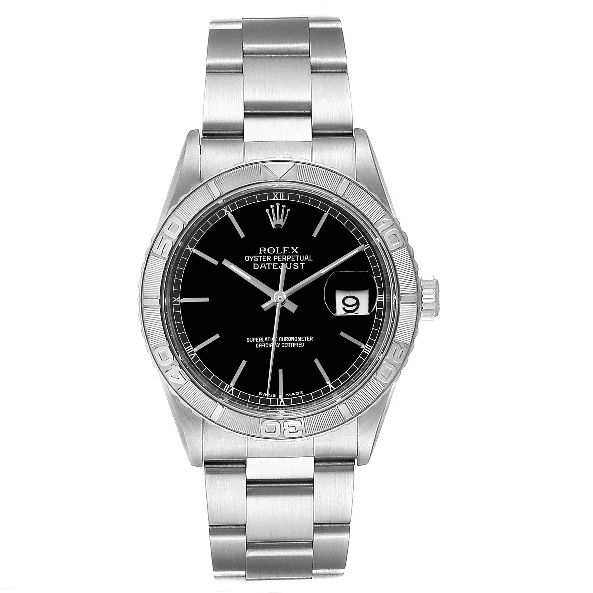 The Rolex Turn-o-Graph 16264 Men
s Stainless Steel Black Dial 16264 Men
s Stainless Steel Black Dial model is shown from the front, displaying its black dial, date window, and stainless steel bracelet.