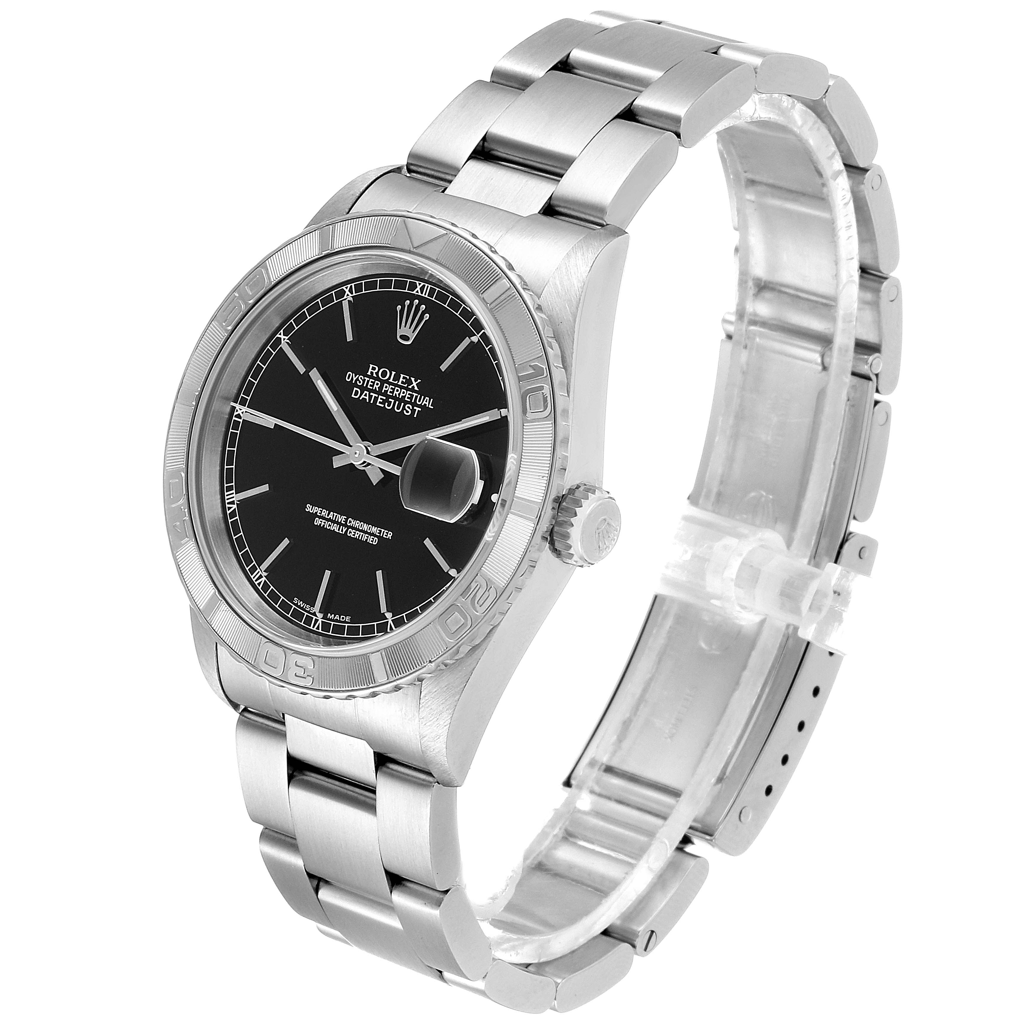 This image shows a Rolex Turn-o-Graph 16264 Men
s Stainless Steel Black Dial 16264 Men
s Stainless Steel Black Dial watch at a 3/4 angle, displaying the face, bezel, and partial bracelet.