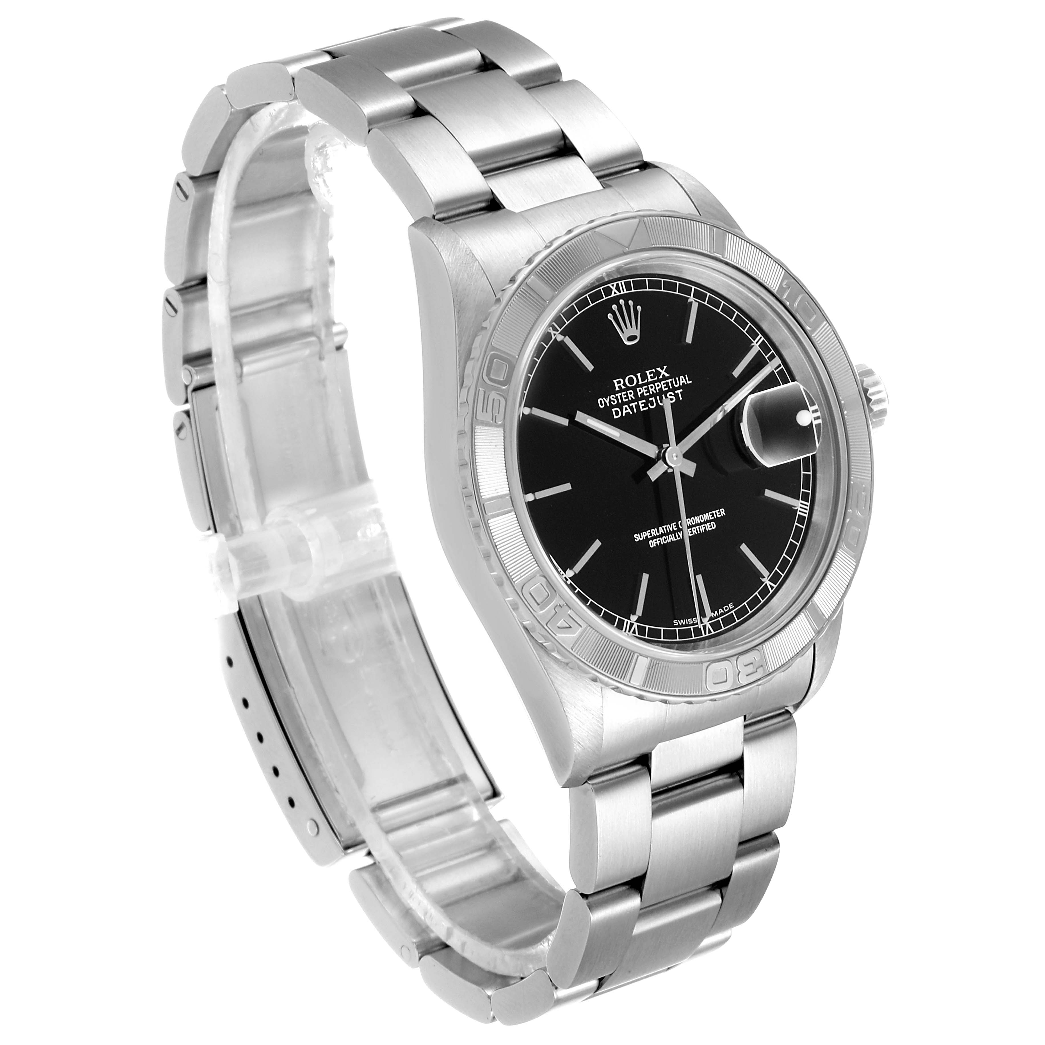 The Rolex Turn-o-Graph 16264 Men
s Stainless Steel Black Dial 16264 Men
s Stainless Steel Black Dial watch is shown at a 3/4 angle, highlighting the bracelet, bezel, dial, and crown.