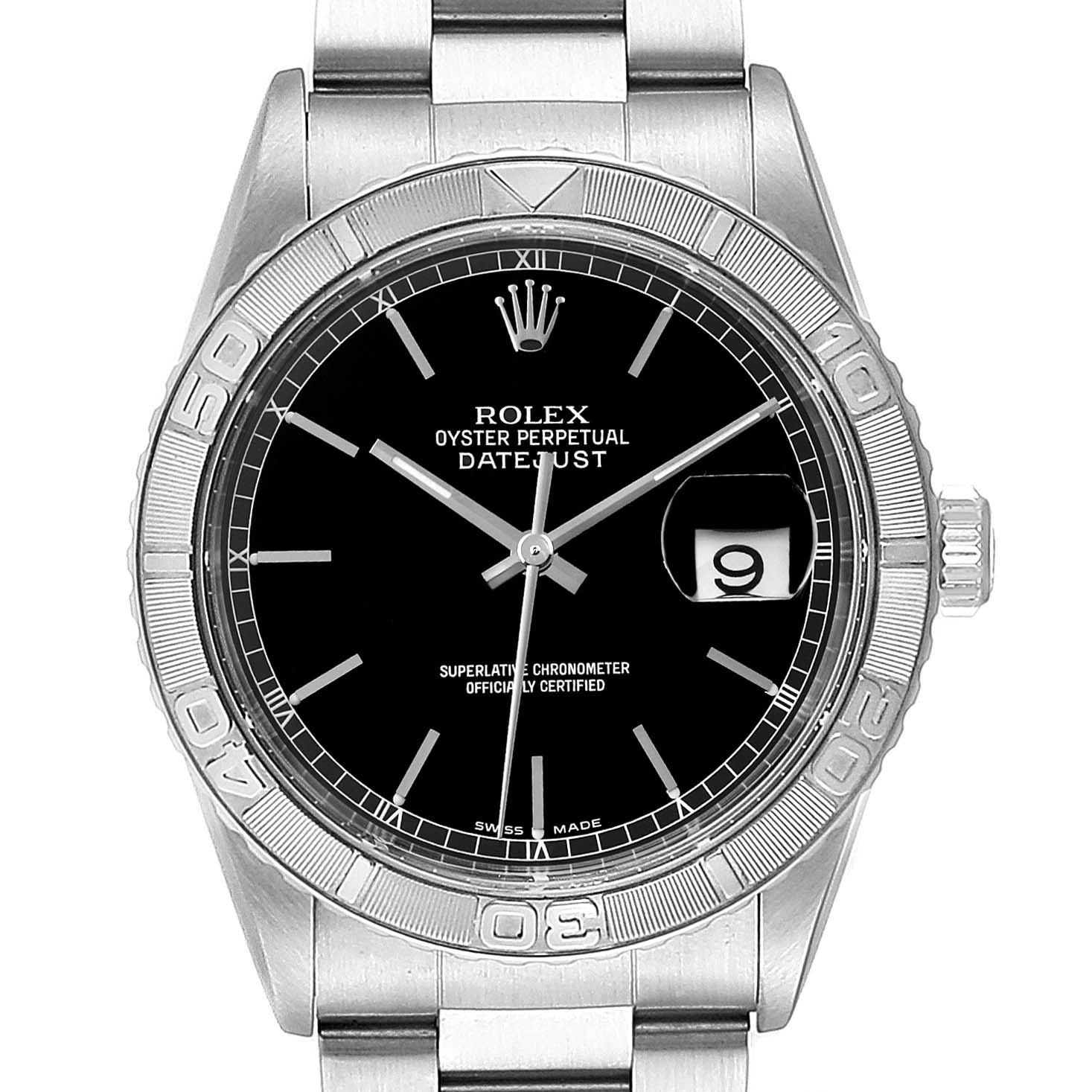 The image shows a front view of a Rolex Turn-o-Graph 16264 Men
s Stainless Steel Black Dial 16264 Men
s Stainless Steel Black Dial model, highlighting the dial, bezel, crown, and part of the bracelet.