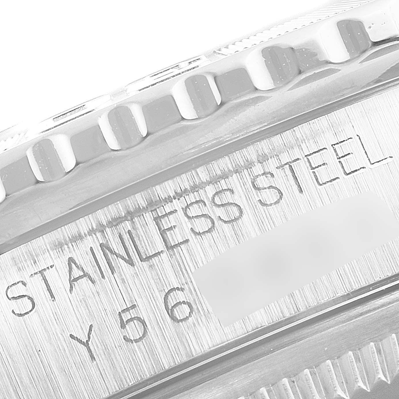 This close-up image shows the stainless steel casing and part of the bezel of the Rolex Turn-o-Graph 16264 Men
s Stainless Steel Black Dial 16264 Men
s Stainless Steel Black Dial model.