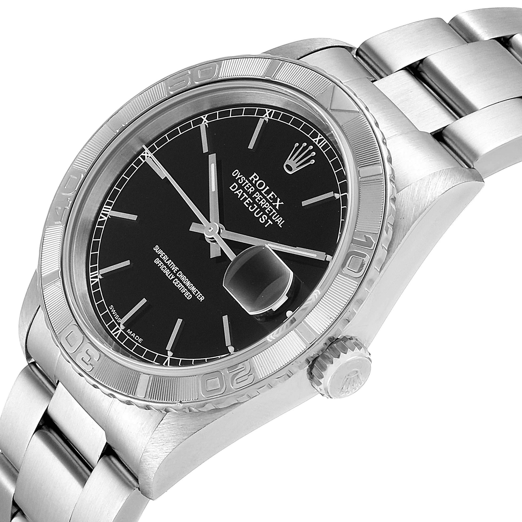 The Rolex Turn-o-Graph 16264 Men
s Stainless Steel Black Dial 16264 Men
s Stainless Steel Black Dial watch is shown at an angled view highlighting the dial, bezel, crown, and part of the bracelet.