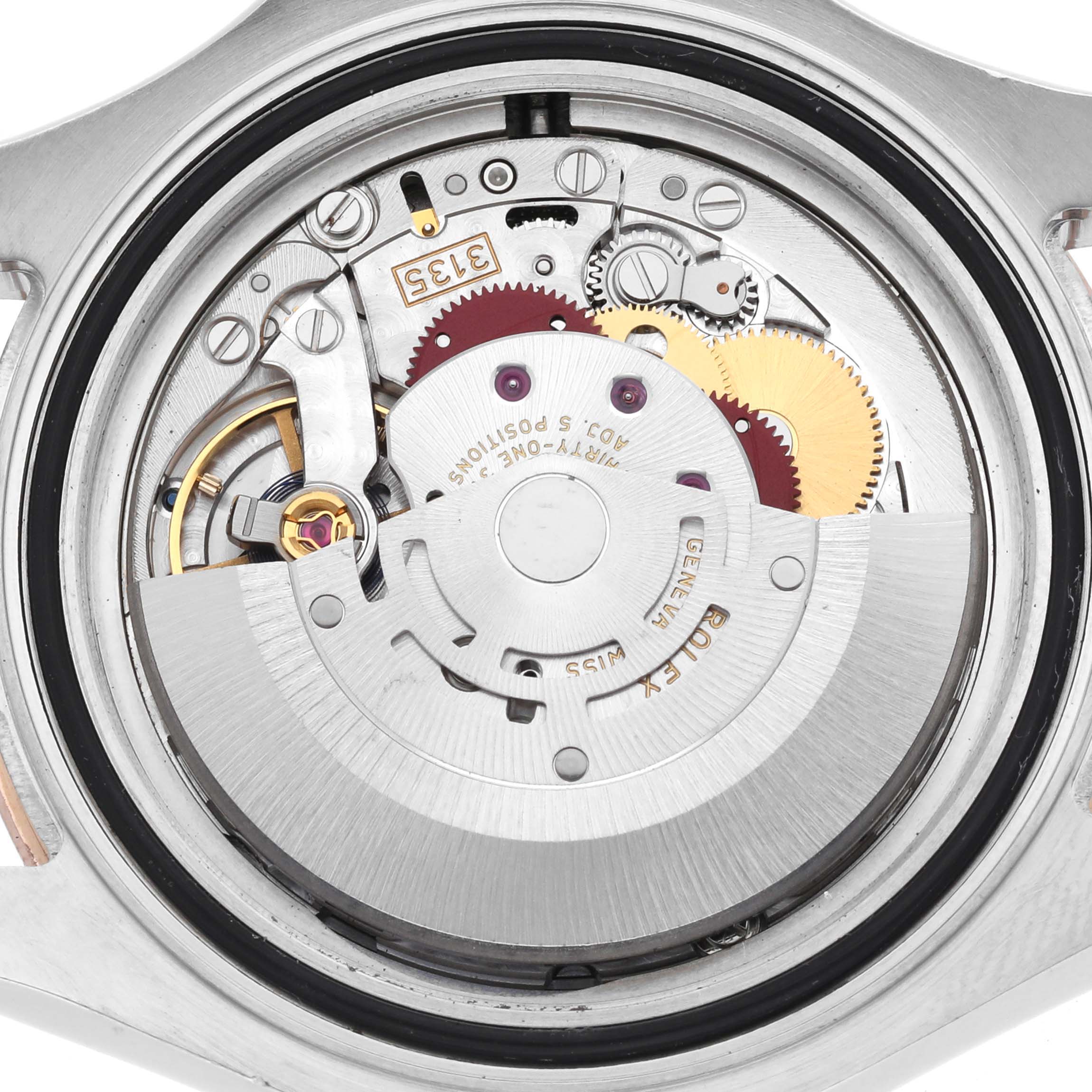 The image shows the intricate movement and rotor of a Rolex Yacht-Master 116621 Men's Steel and Gold (two tone) Brown Dial watch from a back angle.