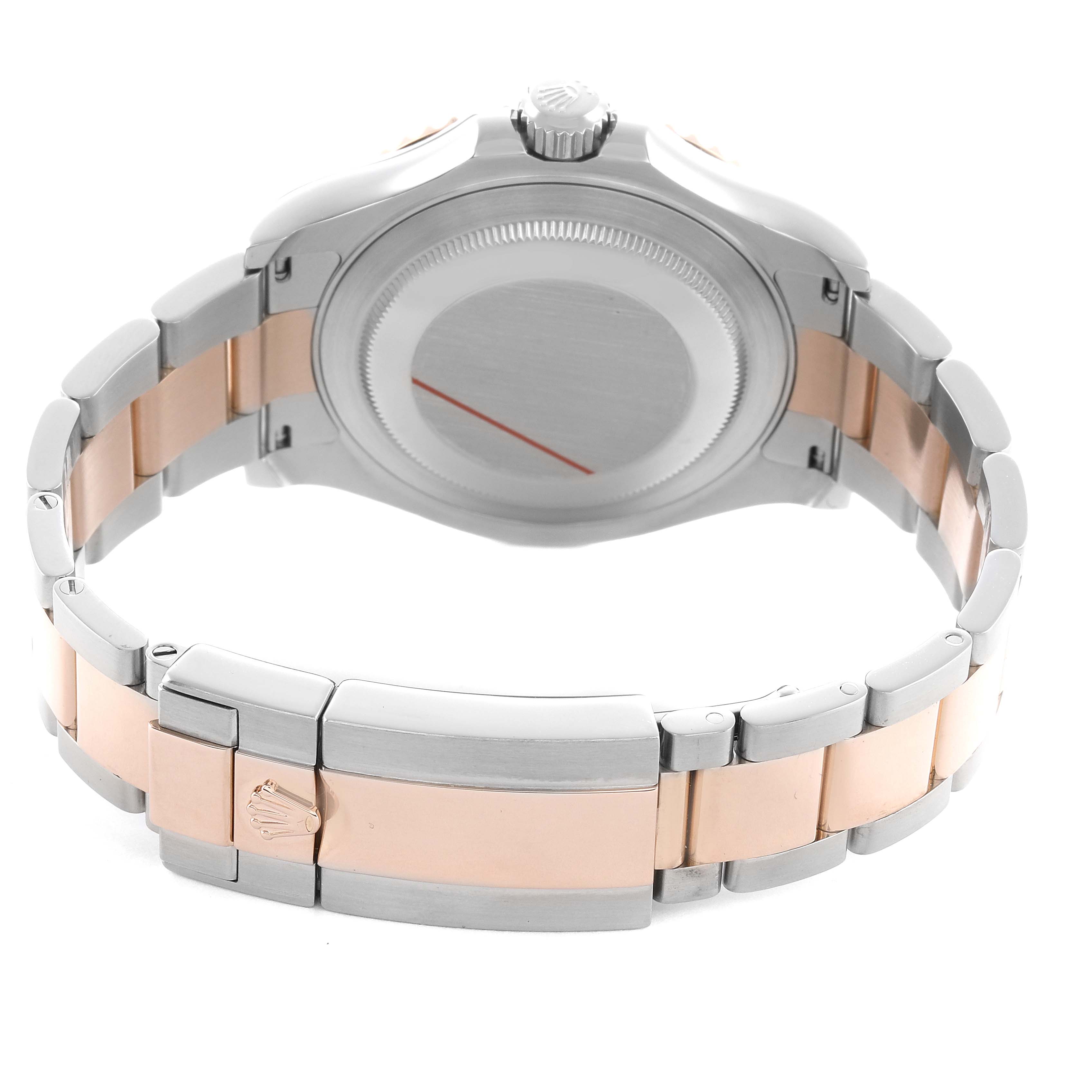 The Rolex Yacht-Master 116621 Men's Steel and Gold (two tone) Brown Dial watch is shown from the back, highlighting the case, bracelet, and clasp in silver and rose gold tones.