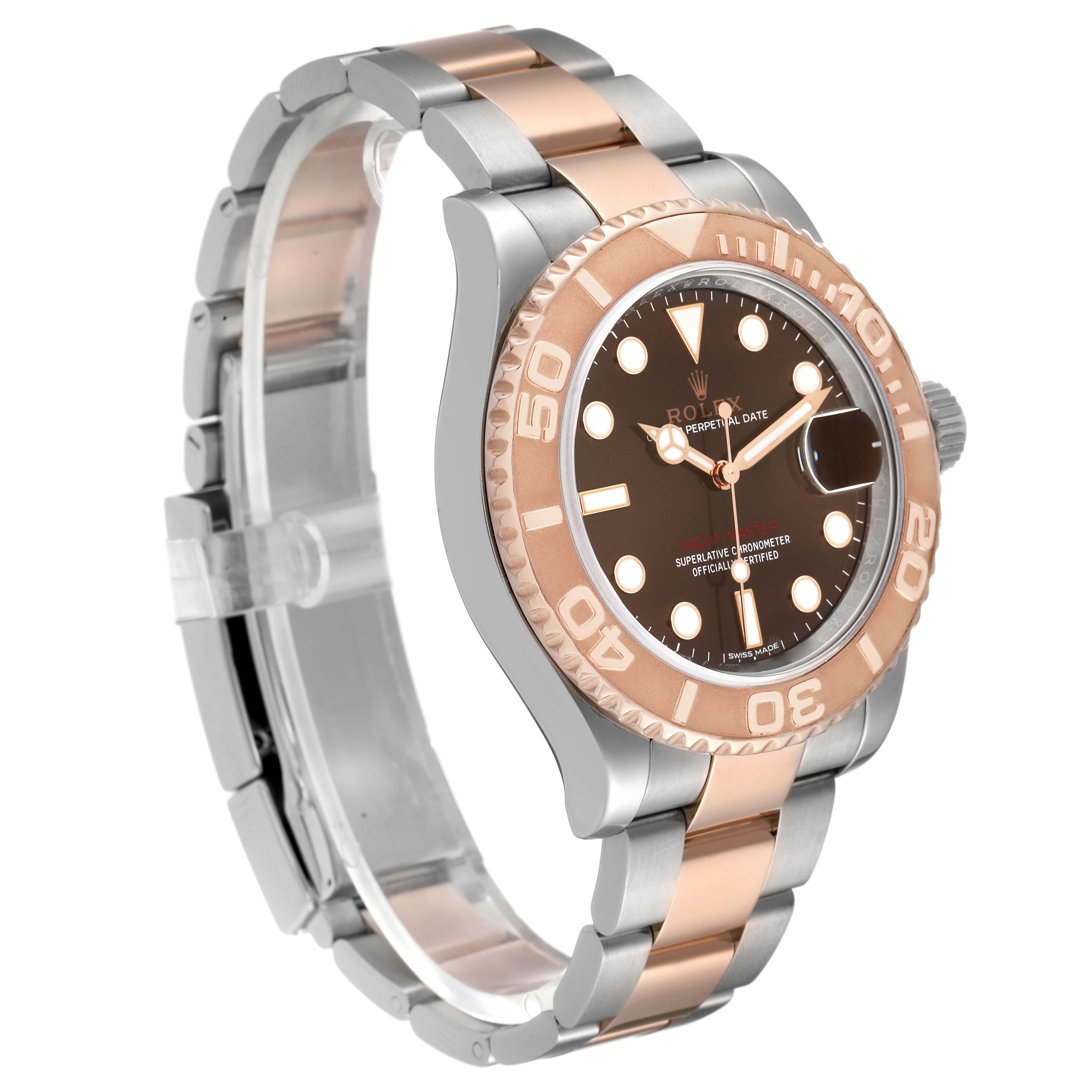 The Rolex Yacht-Master 116621 Men's Steel and Gold (two tone) Brown Dial watch is shown at a three-quarter angle, highlighting its bezel, dial, and bracelet.