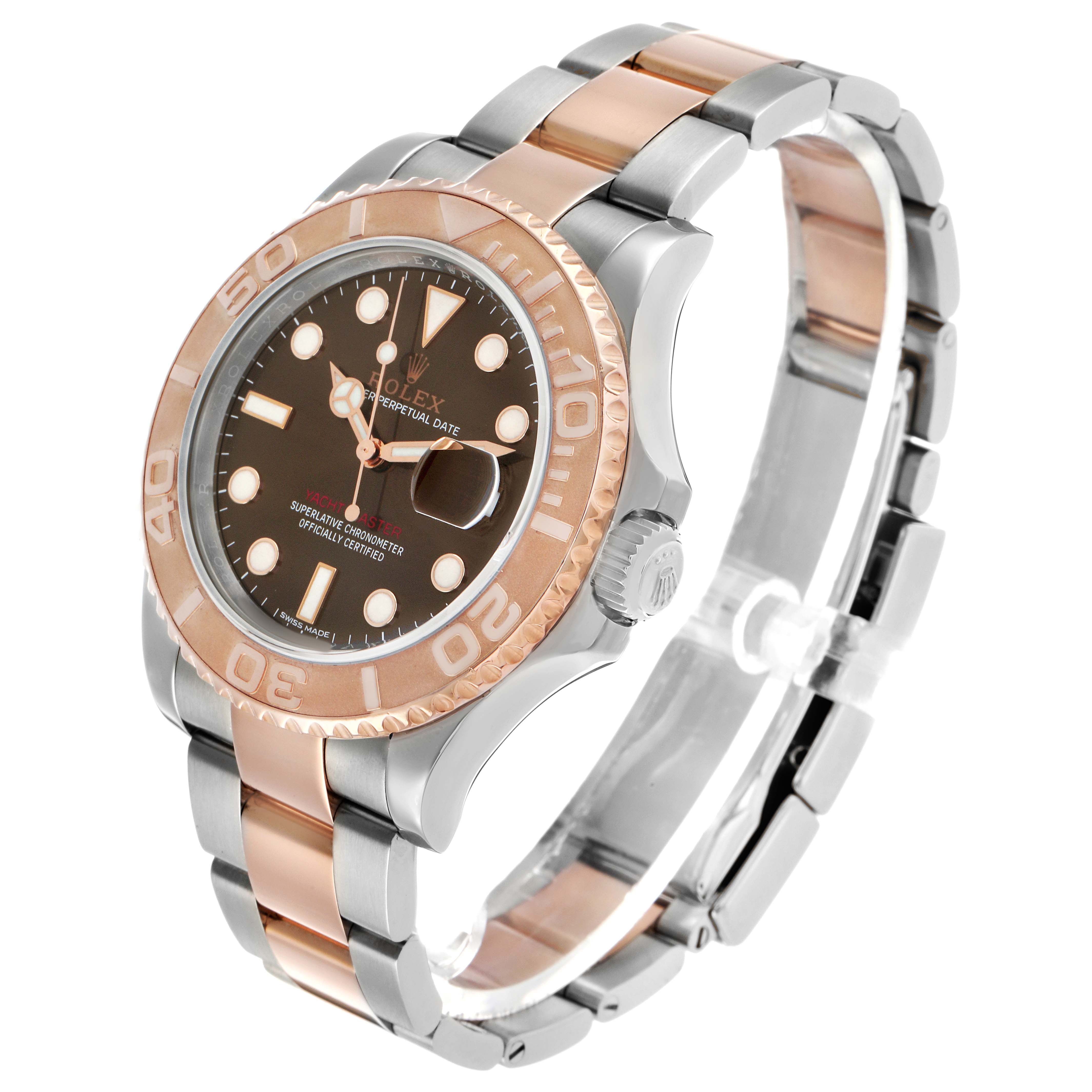 The Rolex Yacht-Master 116621 Men's Steel and Gold (two tone) Brown Dial watch is shown at a three-quarter angle, highlighting the dial, bezel, and two-tone bracelet.