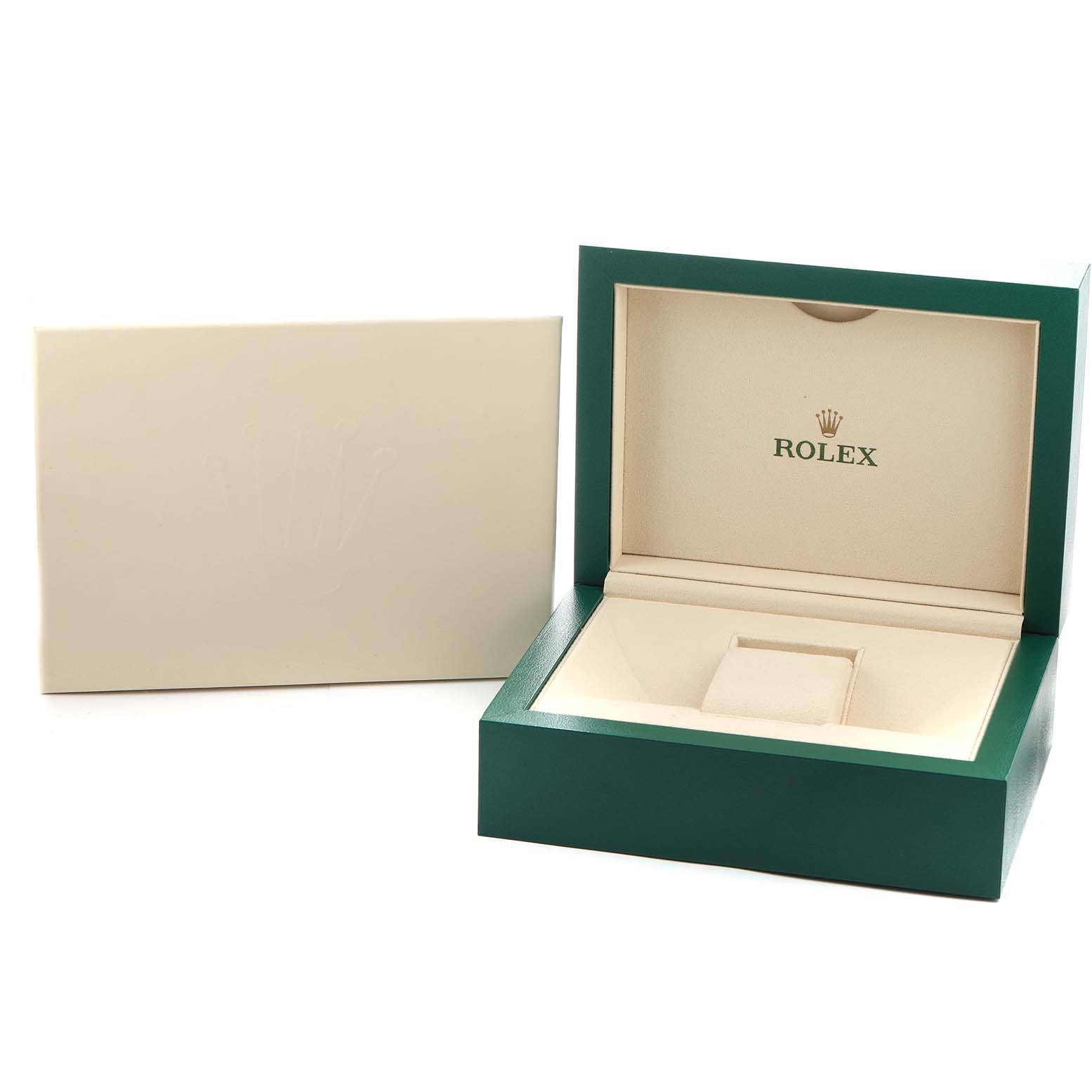 The image shows an open Rolex Yacht-Master 116621 Men's Steel and Gold (two tone) Brown Dial watch box with a luxurious interior, alongside its outer cardboard box.