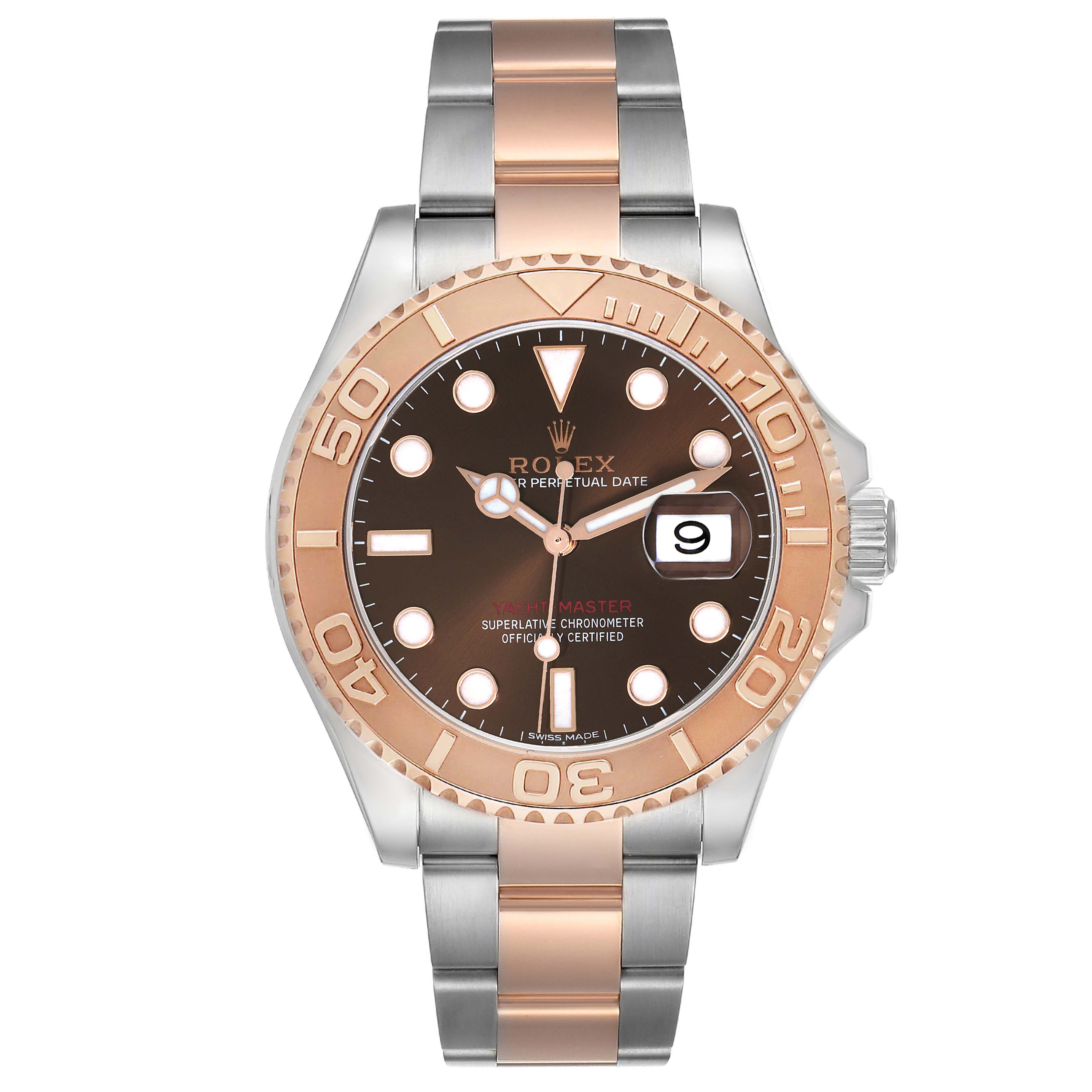 The Rolex Yacht-Master 116621 Men's Steel and Gold (two tone) Brown Dial watch is shown from the front, displaying the dial, bezel, case, and bracelet.