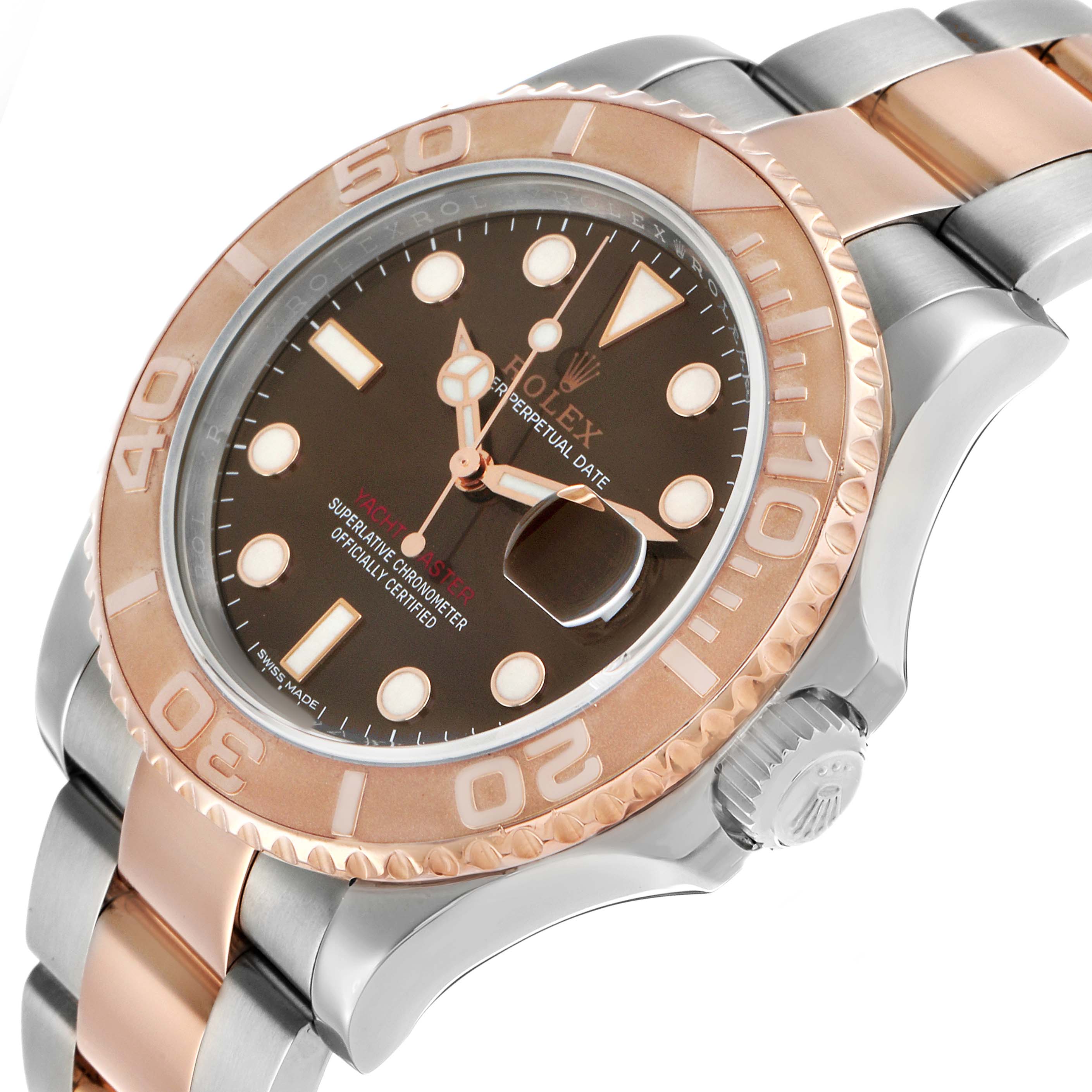 The Rolex Yacht-Master 116621 Men's Steel and Gold (two tone) Brown Dial watch is shown from an angled side view, highlighting the bezel, watch face, and part of the bracelet.
