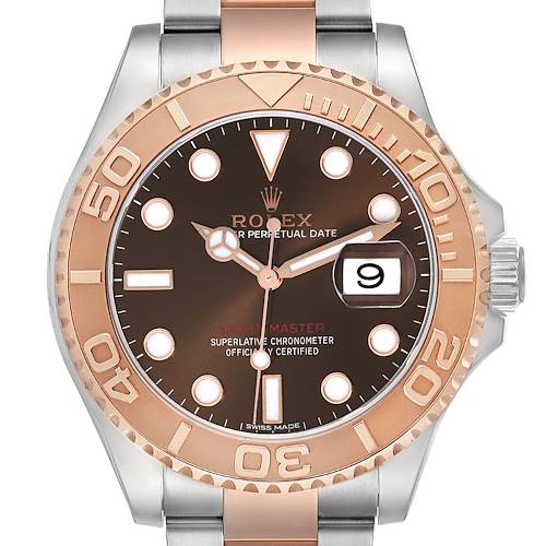 The Rolex Yacht-Master 116621 Men's Steel and Gold (two tone) Brown Dial watch is shown from a frontal angle, highlighting its face, bezel, crown, and part of the bracelet.