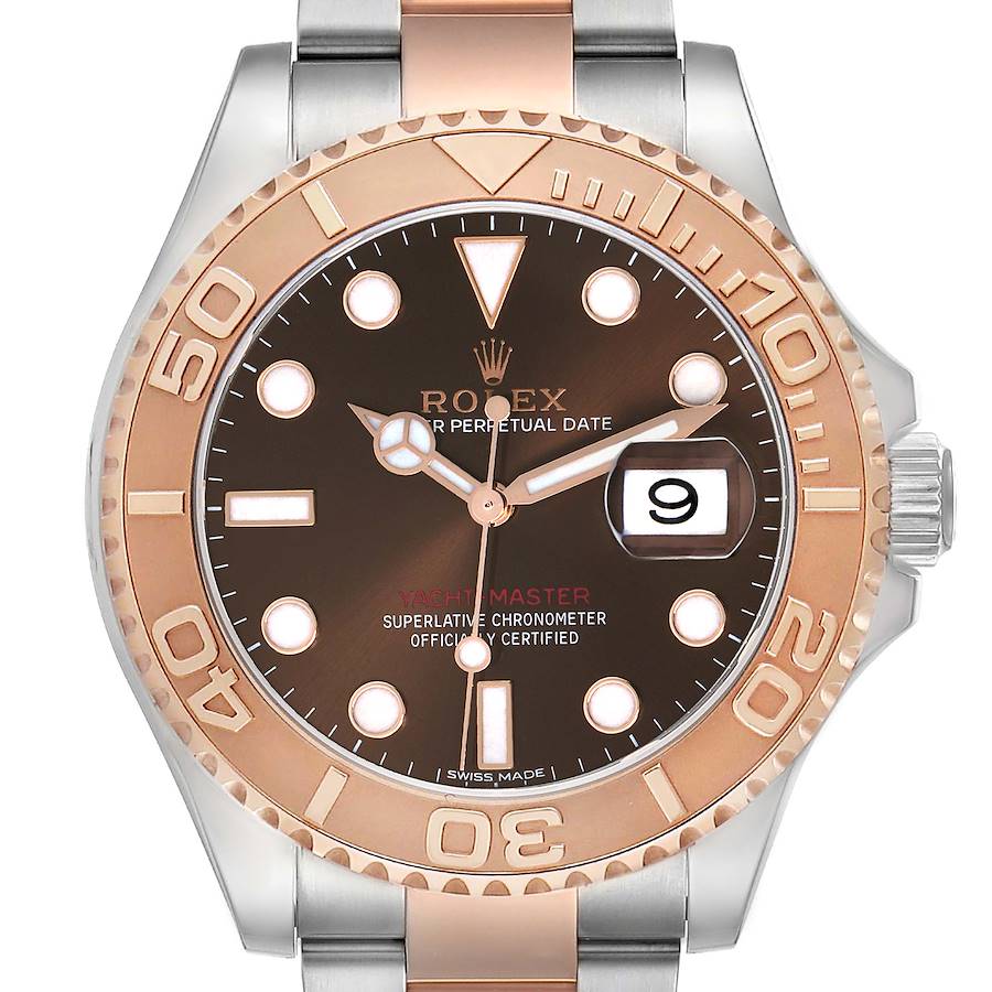 The Rolex Yacht-Master 116621 Men's Steel and Gold (two tone) Brown Dial watch is shown from a front angle, highlighting the bezel, dial, hands, and part of the bracelet.