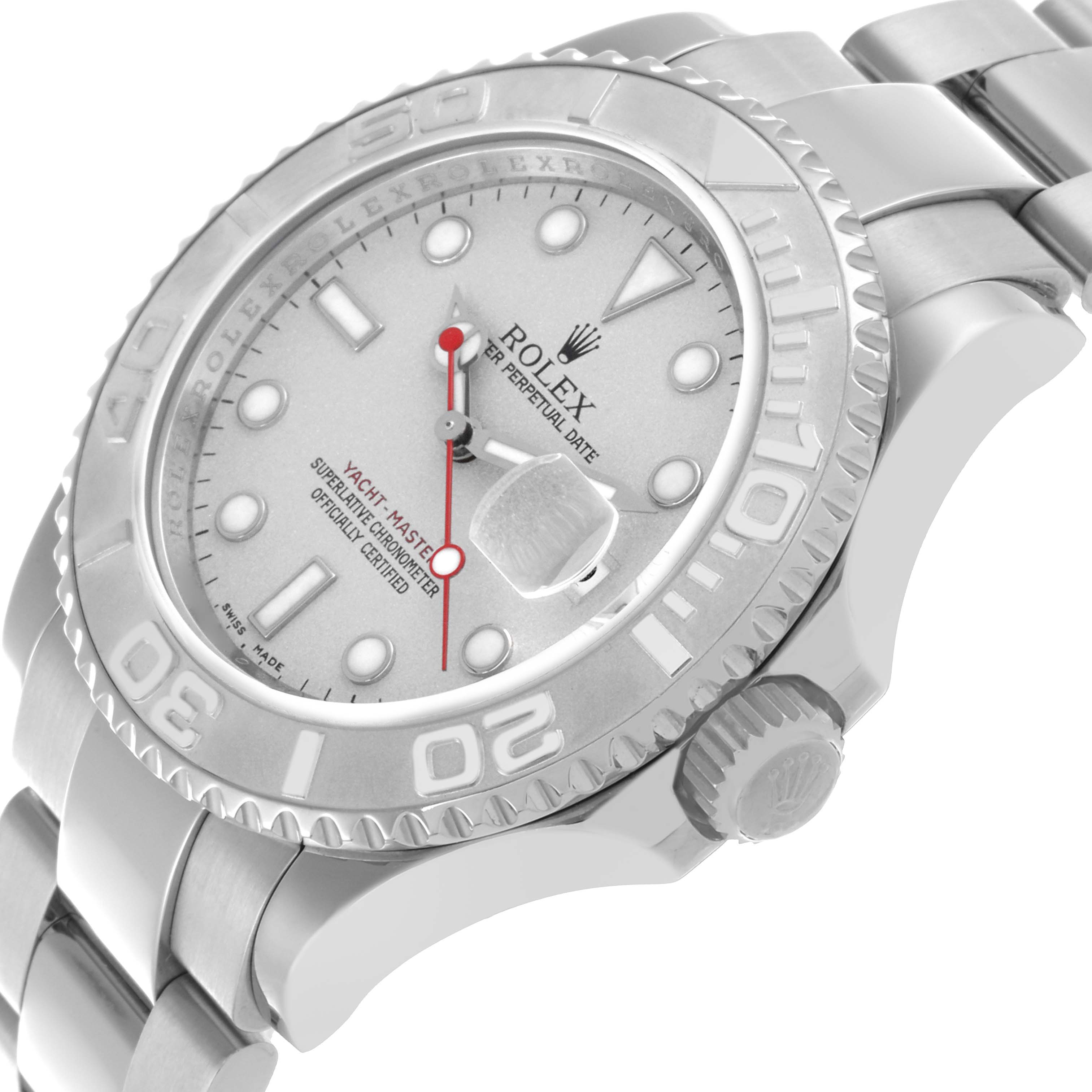 The Rolex Yacht-Master 16622 Men's Stainless Steel Silver Dial 16622 Men's Stainless Steel Silver Dial watch is shown at an angle highlighting the face, bezel, crown, and part of the bracelet.