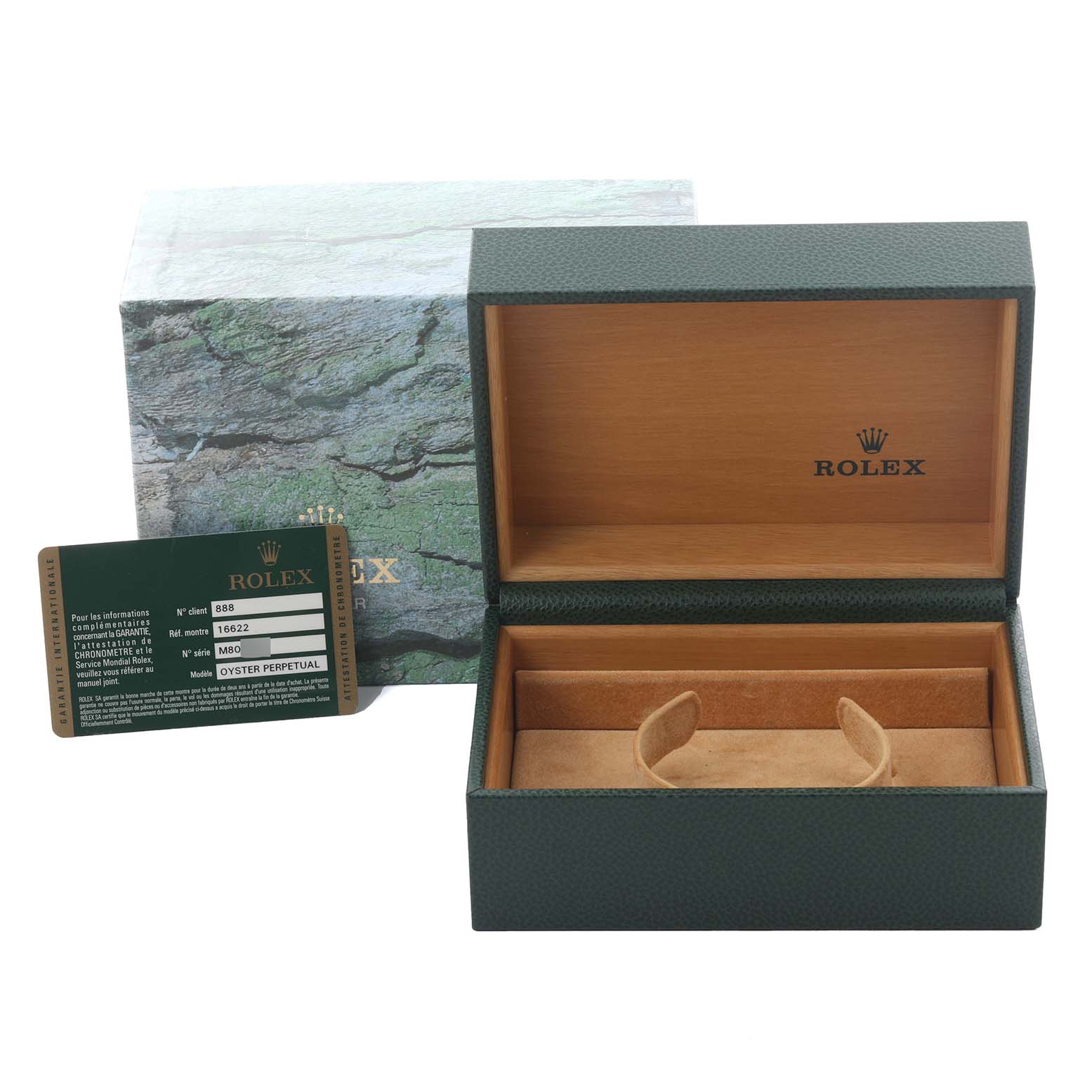 The image shows the Rolex Yacht-Master 16622 Men's Stainless Steel Silver Dial 16622 Men's Stainless Steel Silver Dial watch box, warranty card, and outer packaging from a straight-on angle.