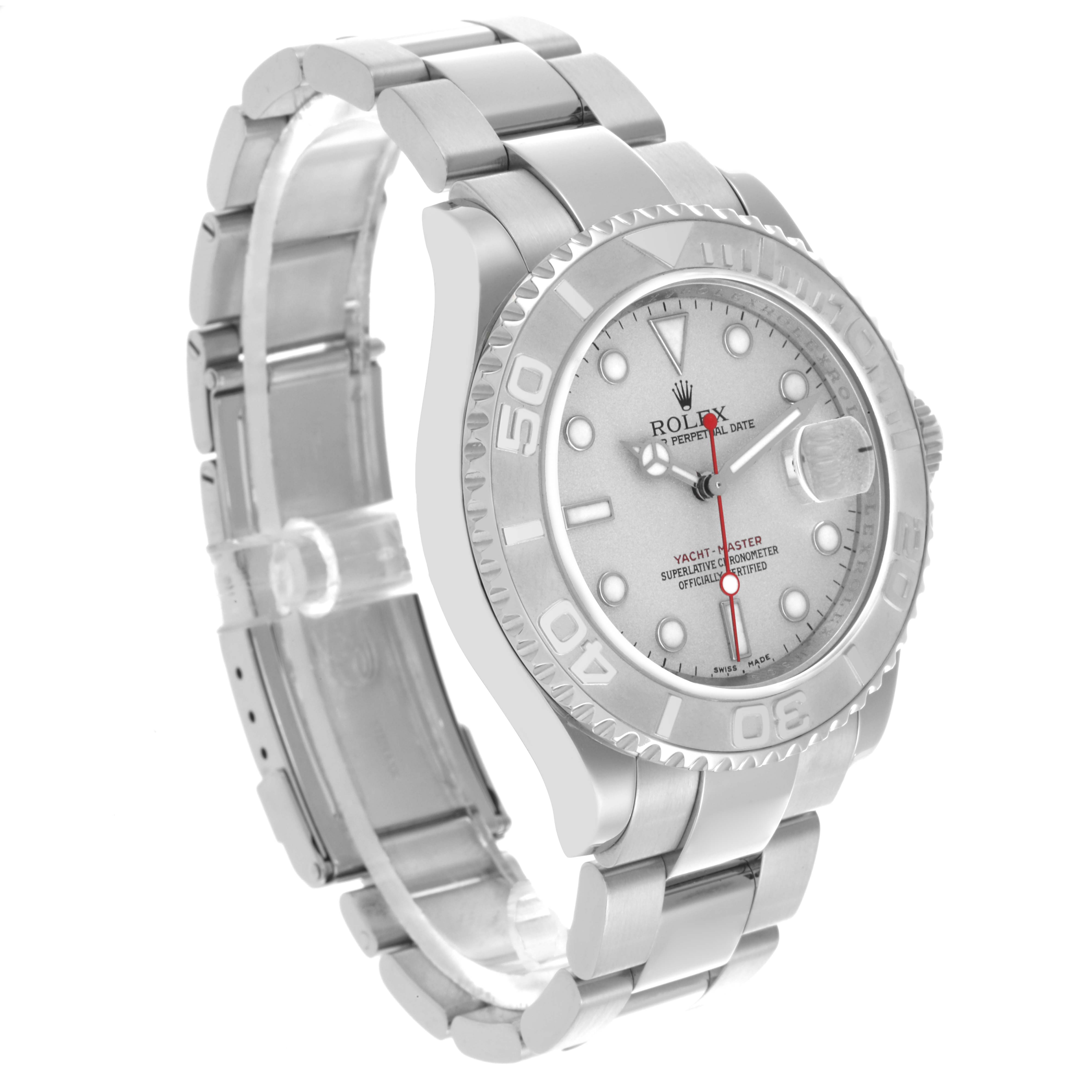 The Rolex Yacht-Master 16622 Men's Stainless Steel Silver Dial 16622 Men's Stainless Steel Silver Dial watch is shown at a three-quarter angle, highlighting the face, bezel, band, and clasp.