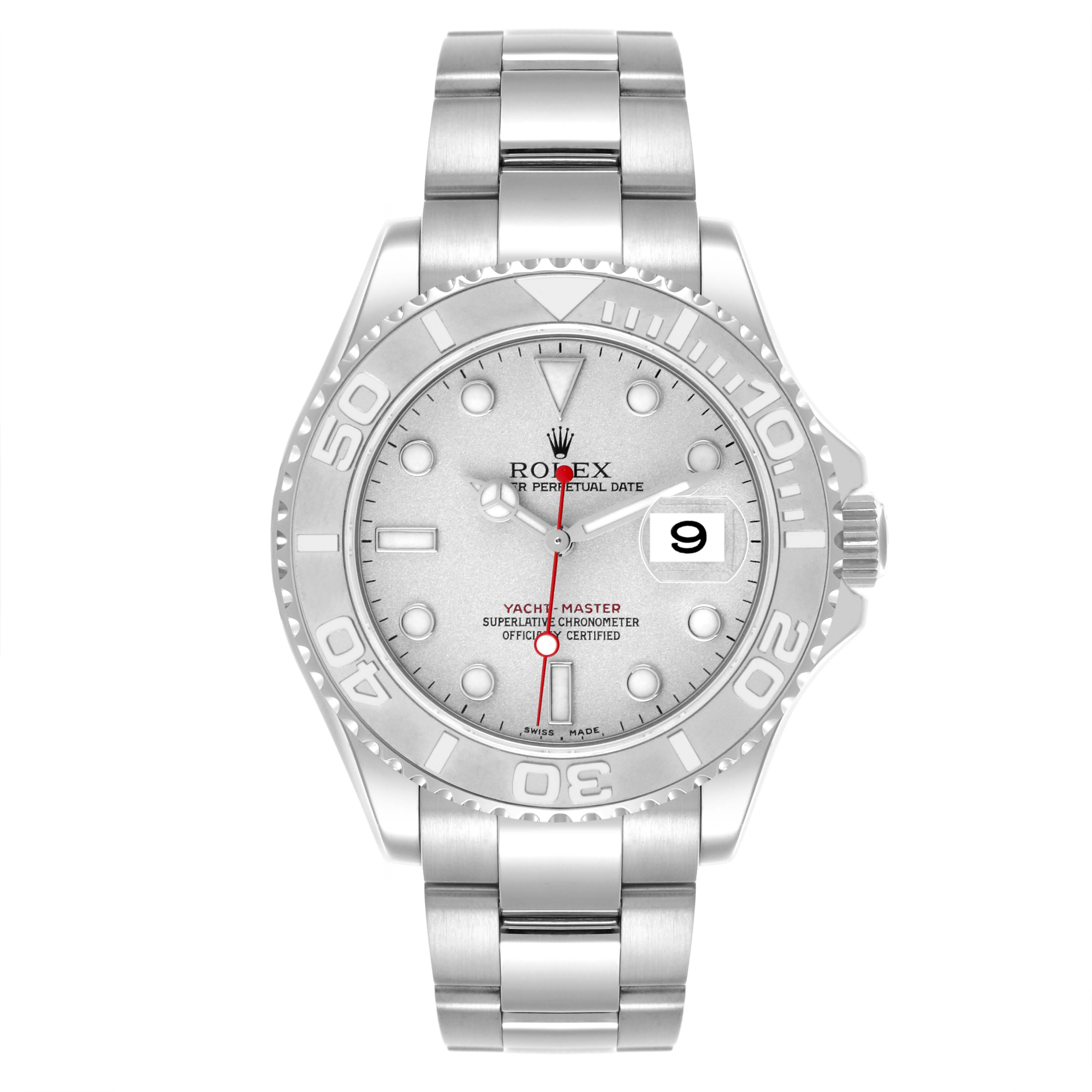 The Rolex Yacht-Master 16622 Men's Stainless Steel Silver Dial 16622 Men's Stainless Steel Silver Dial watch is shown from a front angle, highlighting the dial, bezel, bracelet, and crown.