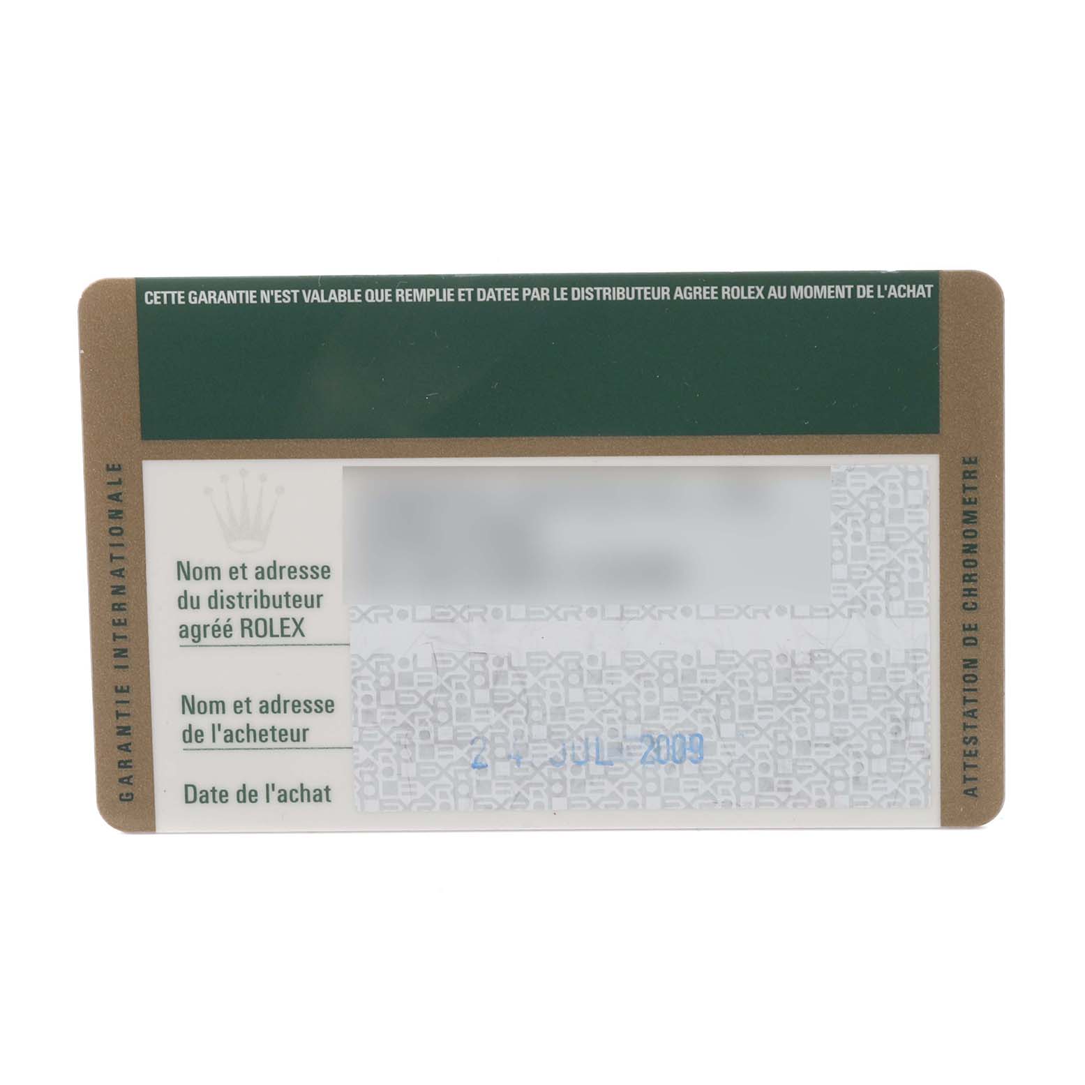 The image shows the warranty card for a Rolex Yacht-Master 16622 Men's Stainless Steel Silver Dial 16622 Men's Stainless Steel Silver Dial watch, viewed from the front.