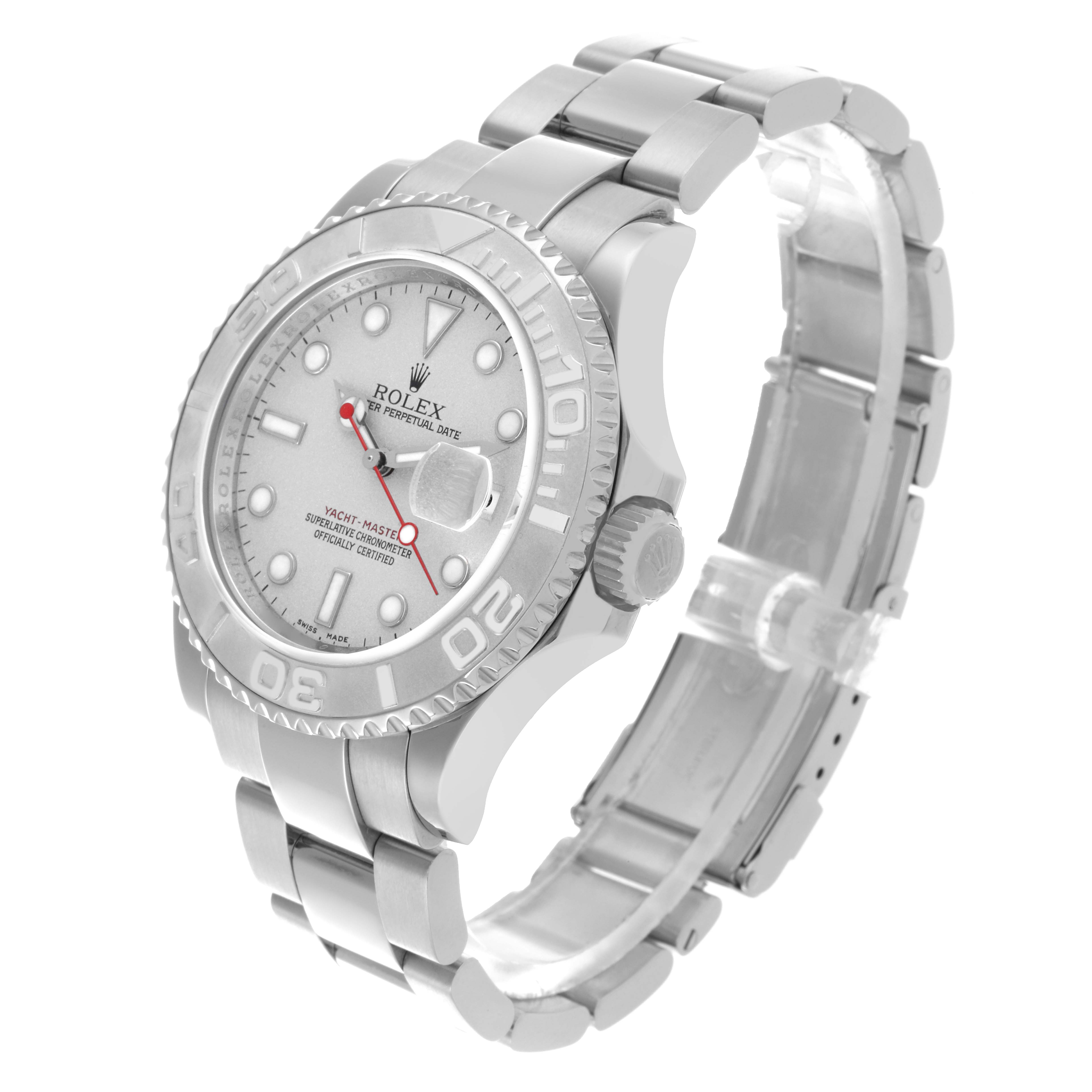 The Rolex Yacht-Master 16622 Men's Stainless Steel Silver Dial 16622 Men's Stainless Steel Silver Dial watch is shown at a three-quarter angle, highlighting the face, bezel, crown, and bracelet.