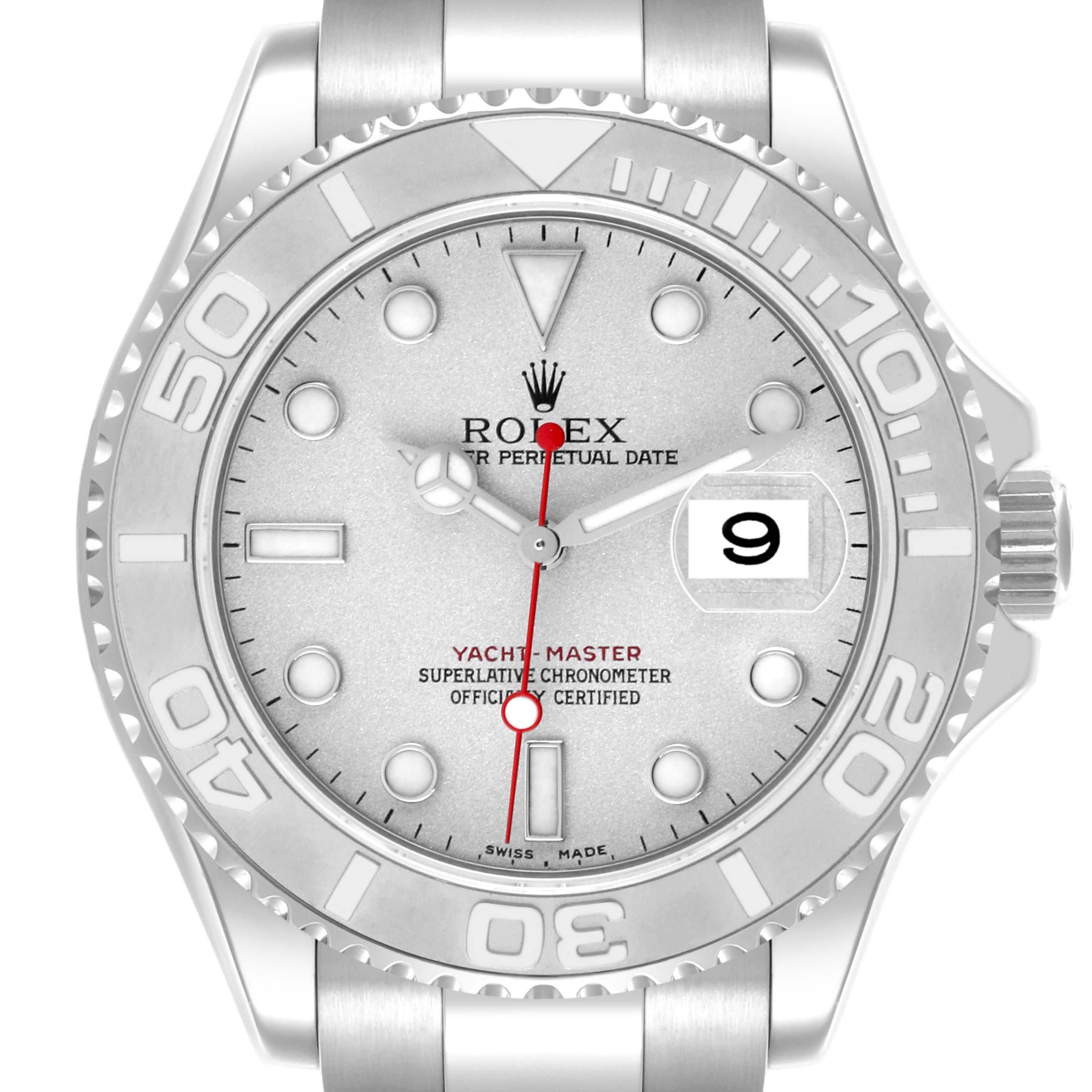 The Rolex Yacht-Master 16622 Men's Stainless Steel Silver Dial 16622 Men's Stainless Steel Silver Dial watch is shown from a front angle, displaying the dial, bezel, and part of the bracelet.